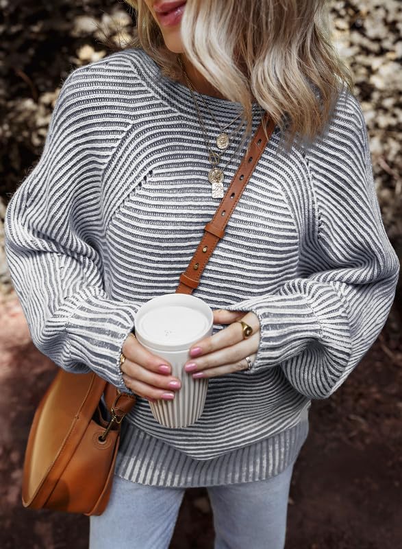 EVALESS Striped Sweaters for Women Boat Neck Batwing Sleeve Oversized Pullover Sweater Tops Womens Fall Clothes Outfits