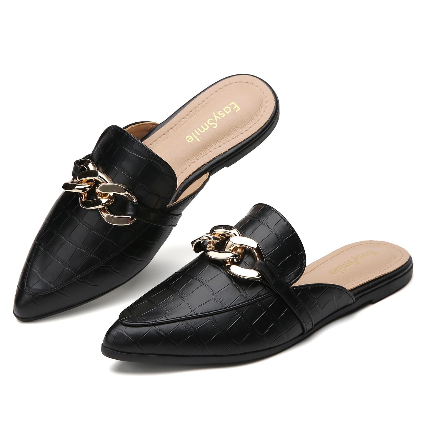 Metal Chain Decor Flat Mules for Women Closed Pointed Toe Slip on Loafers Slides Backless Mules Shoes