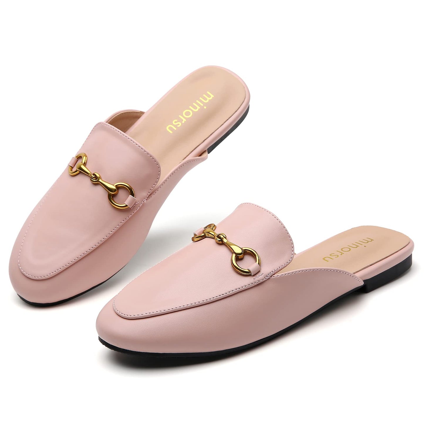 Minorsu Buckle Mules for Women Round Toe Backless Flat Mules Slides Mules Shoes Ladies Slip-on Loafers