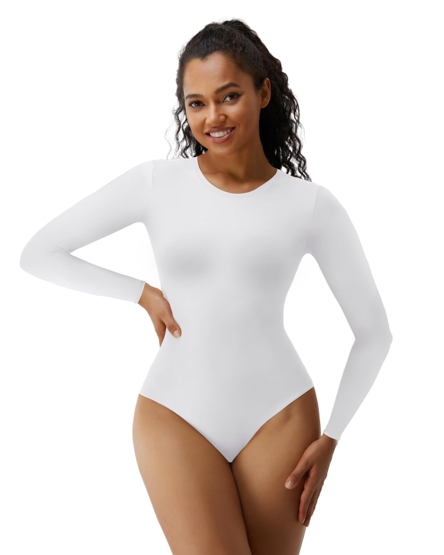 SHAPERX Women's Soft Crew Neck Bodysuit Fits Everybody Long Sleeve Body Suits Tops