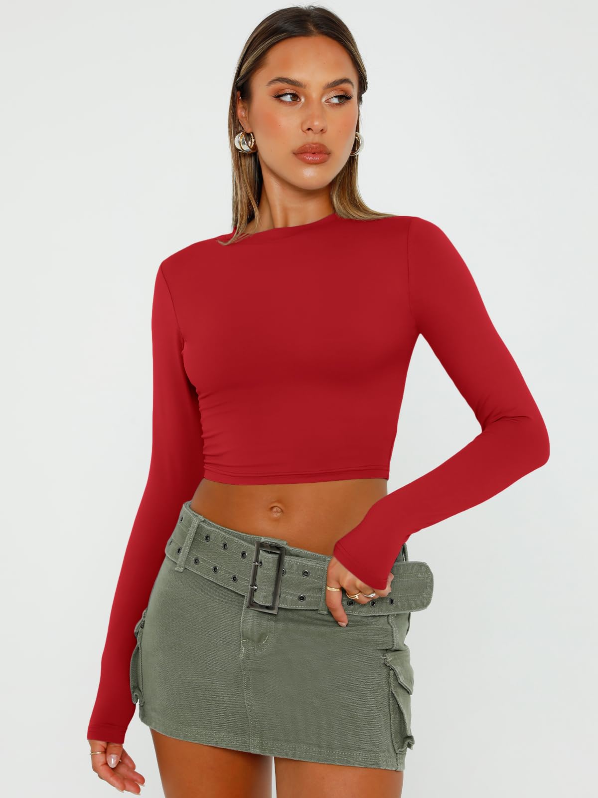 Trendy Queen Womens Long Sleeve Crop Tops Basic Slim Fitted Shirts Casual Fashion 2024 Y2k Tops Teen Girl Clothes