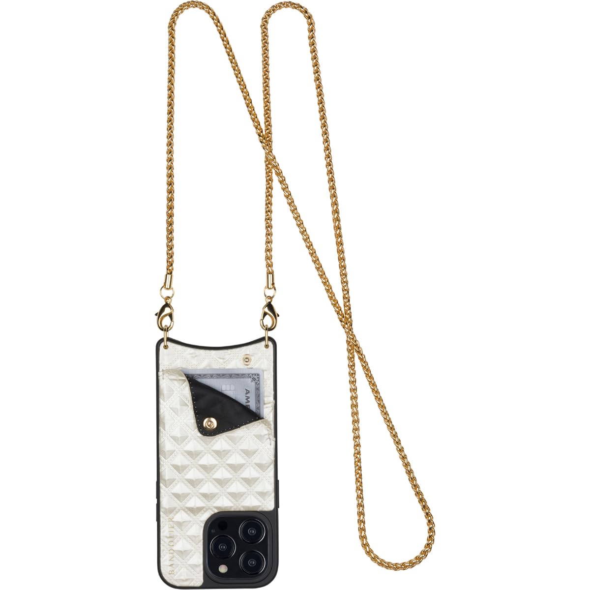 Bandolier Sheila Crossbody Phone Case and Wallet for iPhone 15 Pro Max - Pyramid Studded Vegan Leather with Pewter Snake Chain Strap