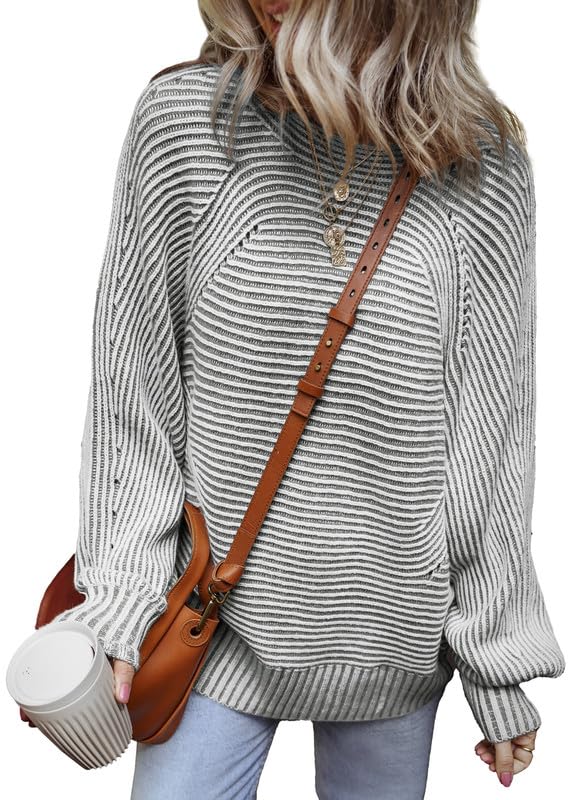 EVALESS Striped Sweaters for Women Boat Neck Batwing Sleeve Oversized Pullover Sweater Tops Womens Fall Clothes Outfits