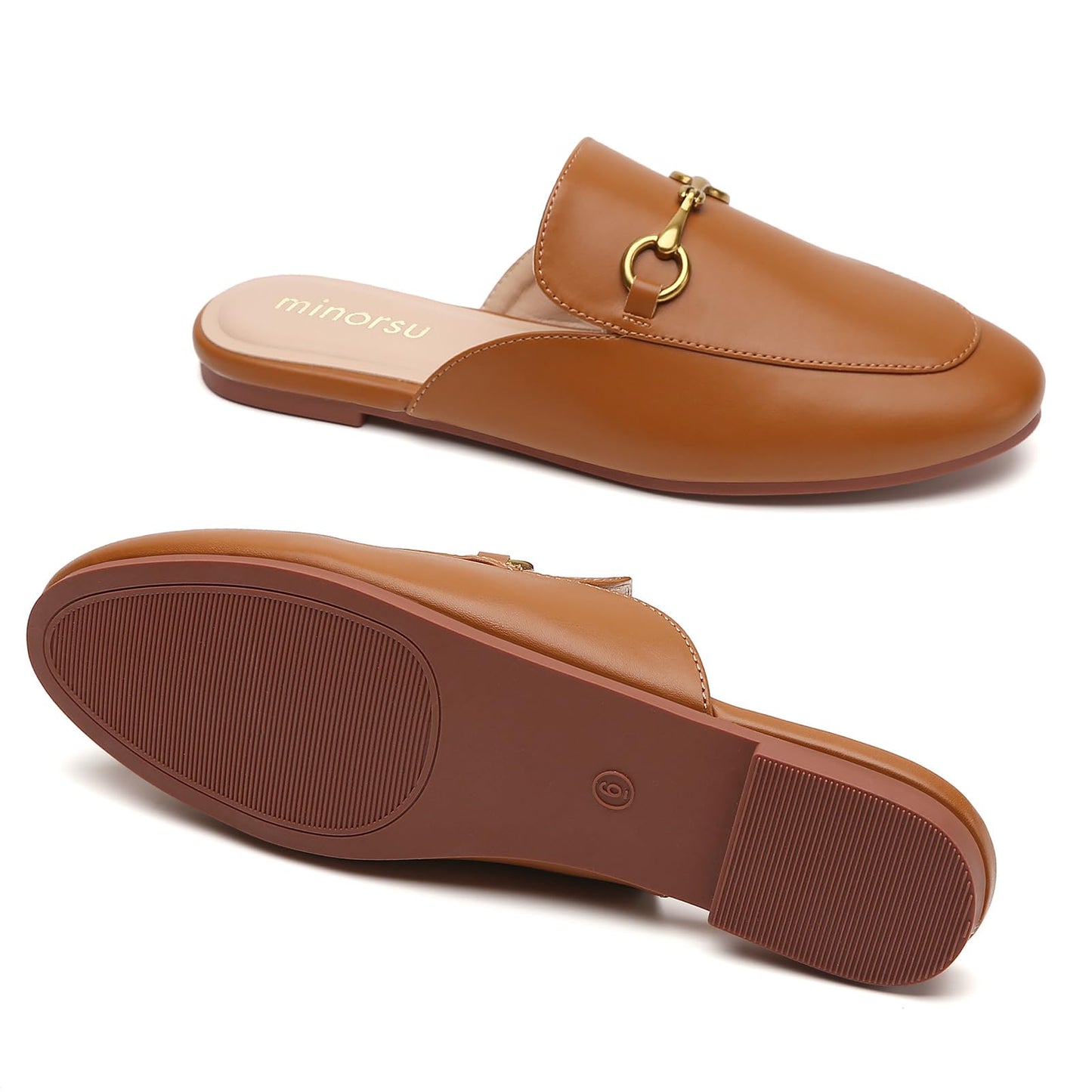 Minorsu Buckle Mules for Women Round Toe Backless Flat Mules Slides Mules Shoes Ladies Slip-on Loafers