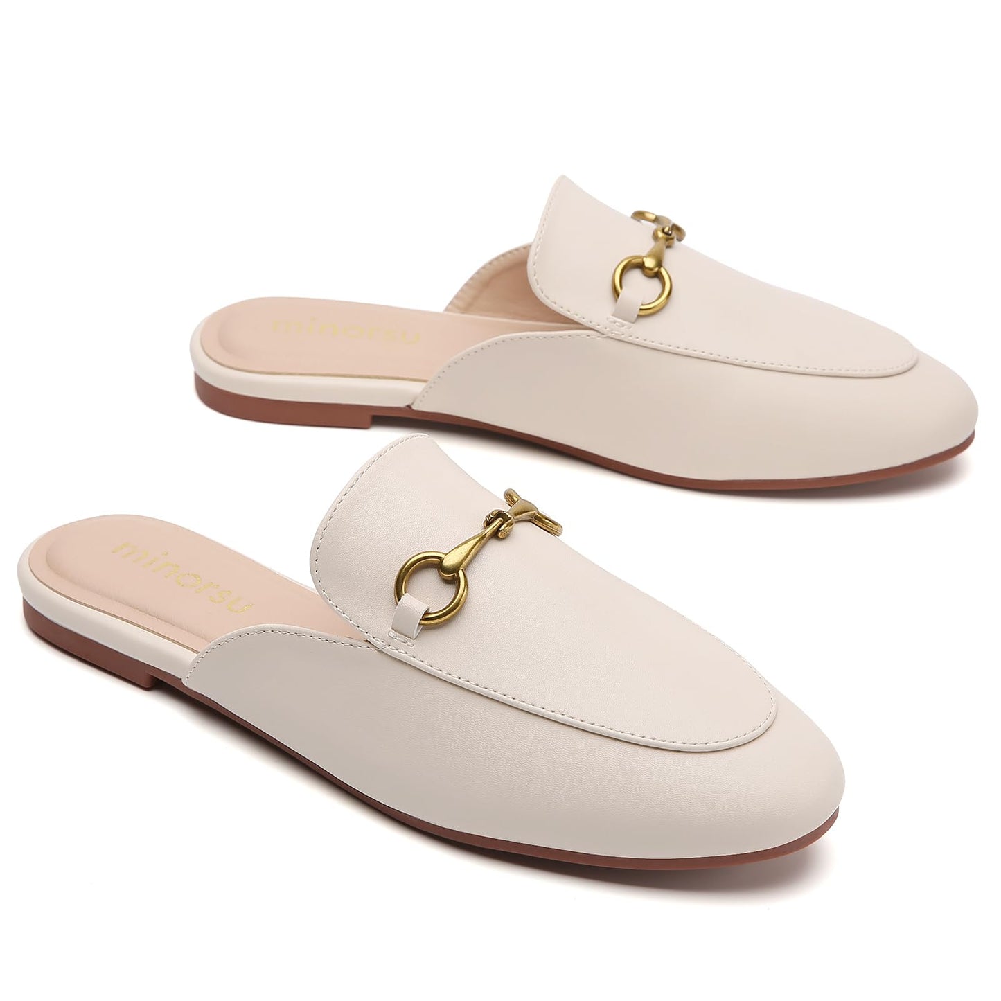 Minorsu Buckle Mules for Women Round Toe Backless Flat Mules Slides Mules Shoes Ladies Slip-on Loafers