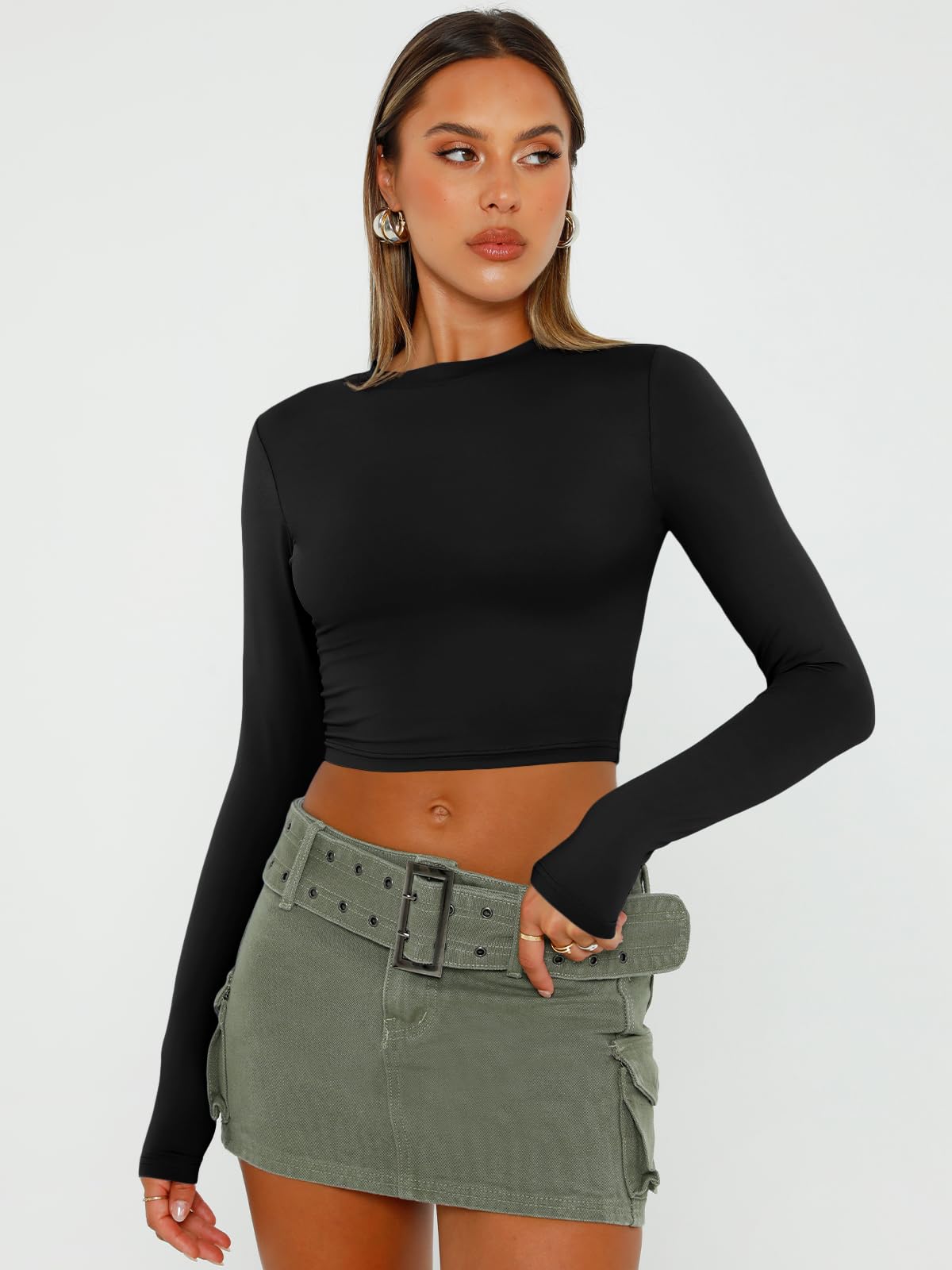 Trendy Queen Womens Long Sleeve Crop Tops Basic Slim Fitted Shirts Casual Fashion 2024 Y2k Tops Teen Girl Clothes