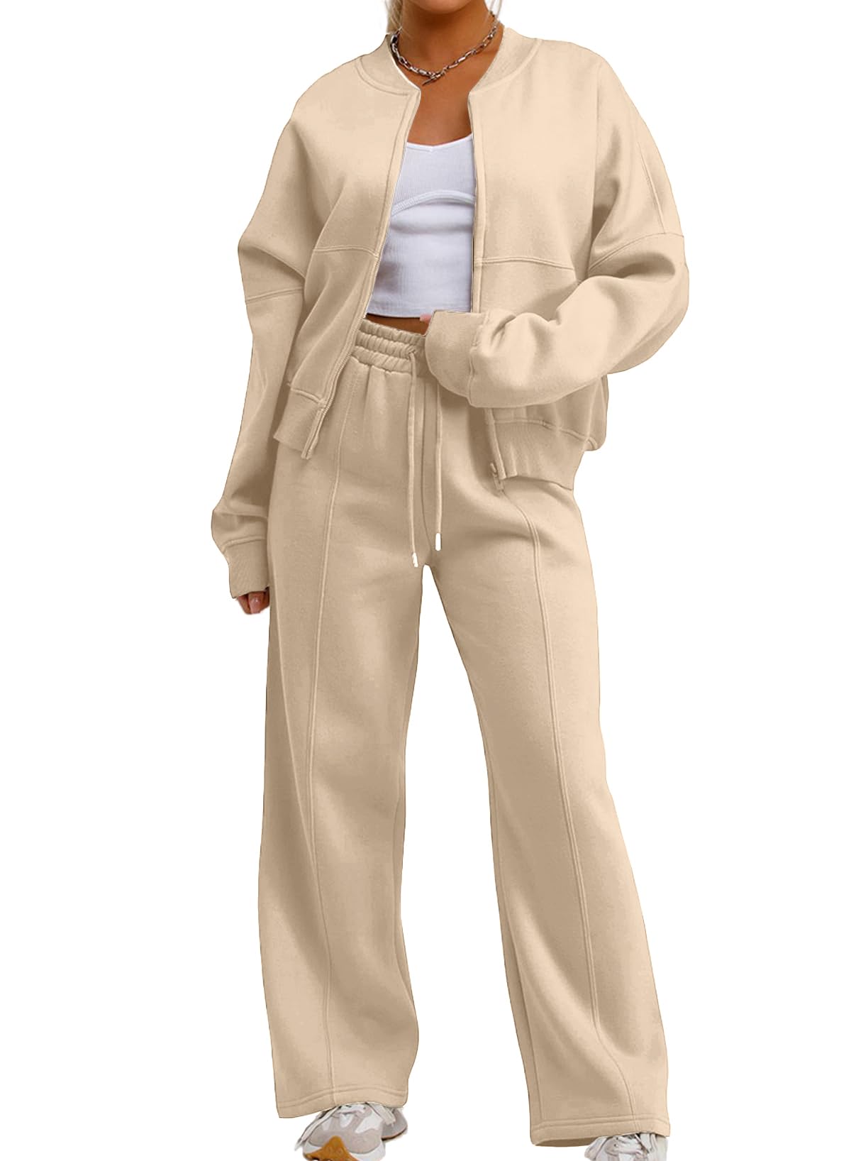 Aleumdr Women's 2 Piece Outfits Oversized Fleece Sweatsuit Zip Up Long Sleeve Sweatshirt with Wide Leg Sweatpants