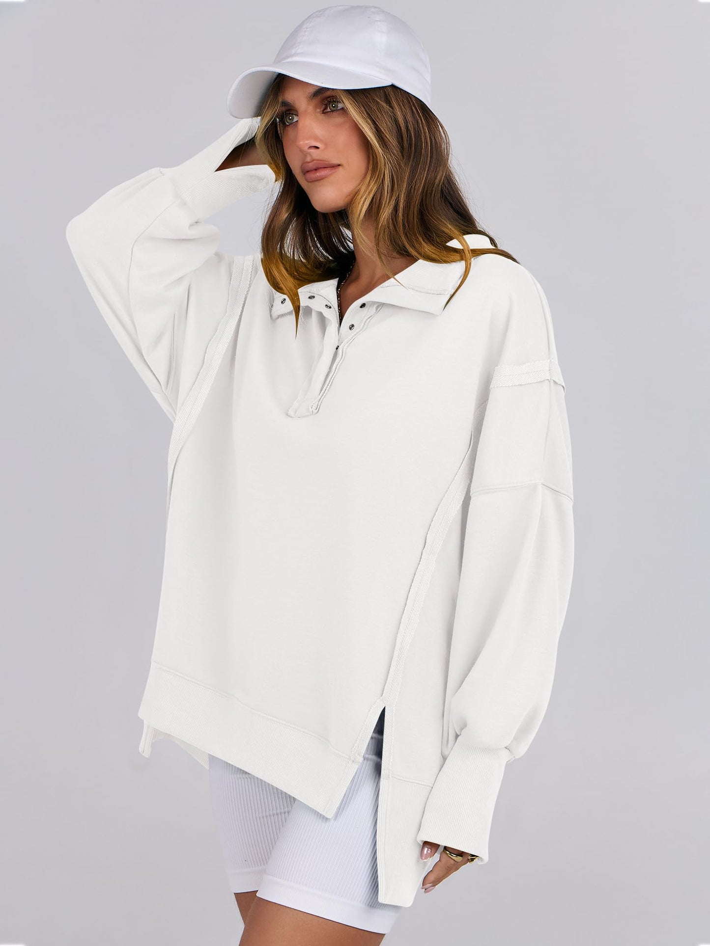 ANRABESS Women's Sweatshirts Oversized Casual Loose Button Up Henley Pullover Top High Low Split 2024 Fall Fashion Outfits