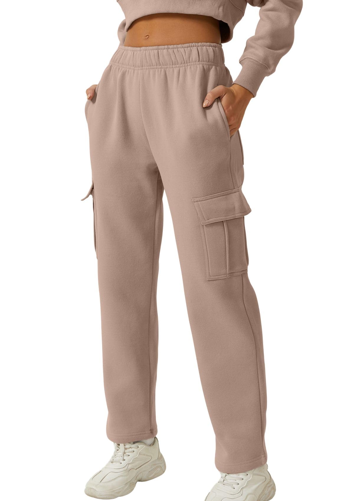 QINSEN Womens Medium Waist Baggy Elastic Waist Sweatpants Casual Fleece Long Pants with Pockets