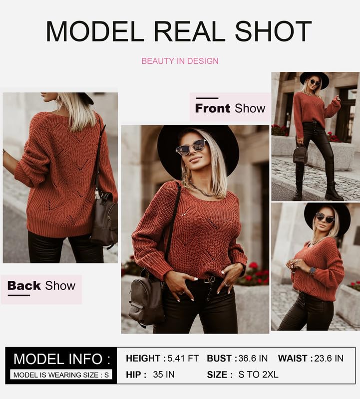 Dokotoo Womens Sweaters 2024 Cute Elegant Soft Crewneck Long Sleeve Hollow Cable Knit Pullover Tops