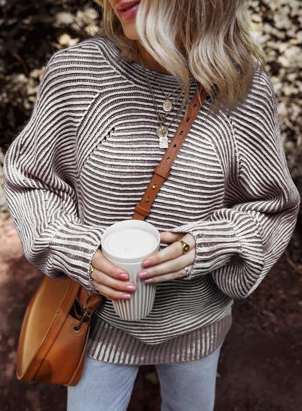 EVALESS Striped Sweaters for Women Boat Neck Batwing Sleeve Oversized Pullover Sweater Tops Womens Fall Clothes Outfits