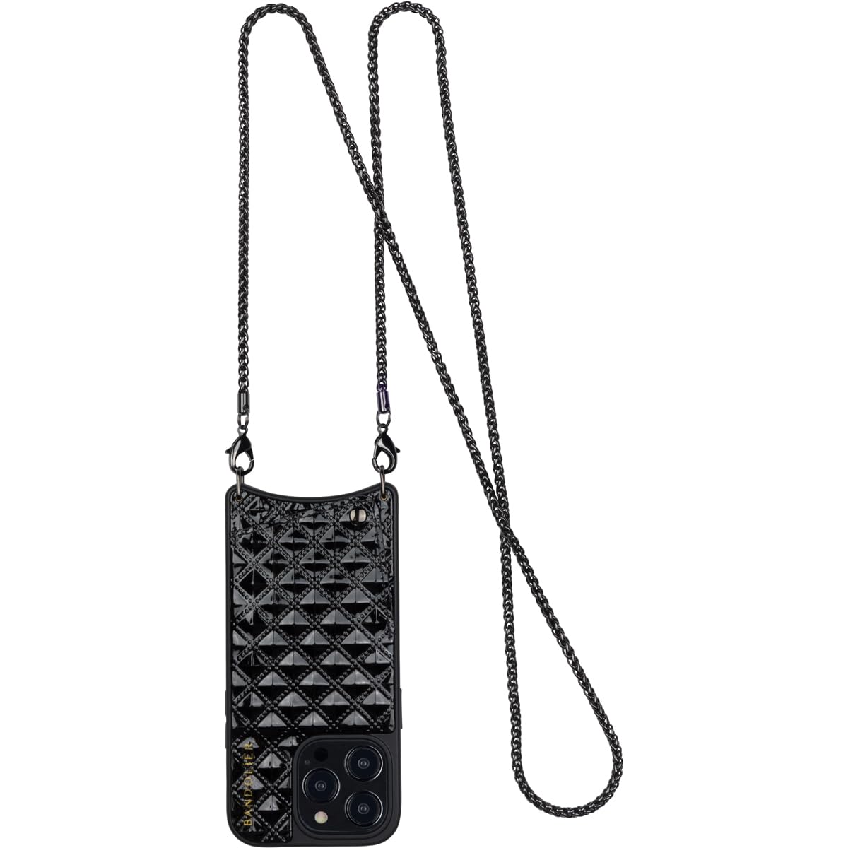 Bandolier Sheila Crossbody Phone Case and Wallet for iPhone 15 Pro Max - Pyramid Studded Vegan Leather with Pewter Snake Chain Strap