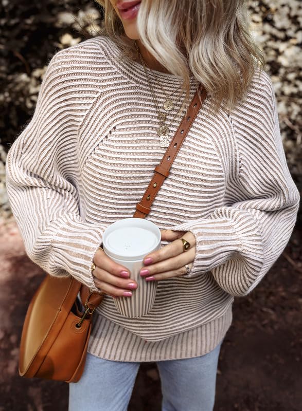 EVALESS Striped Sweaters for Women Boat Neck Batwing Sleeve Oversized Pullover Sweater Tops Womens Fall Clothes Outfits