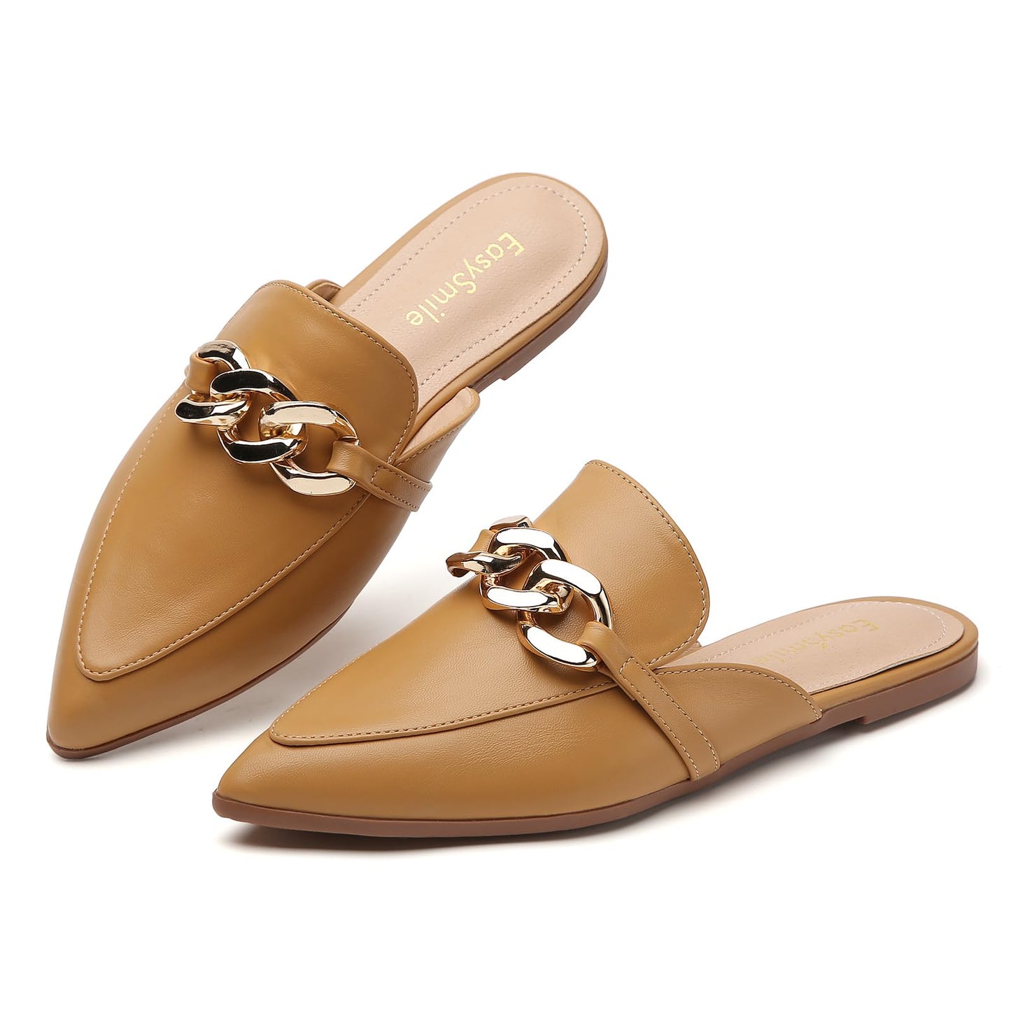 Metal Chain Decor Flat Mules for Women Closed Pointed Toe Slip on Loafers Slides Backless Mules Shoes