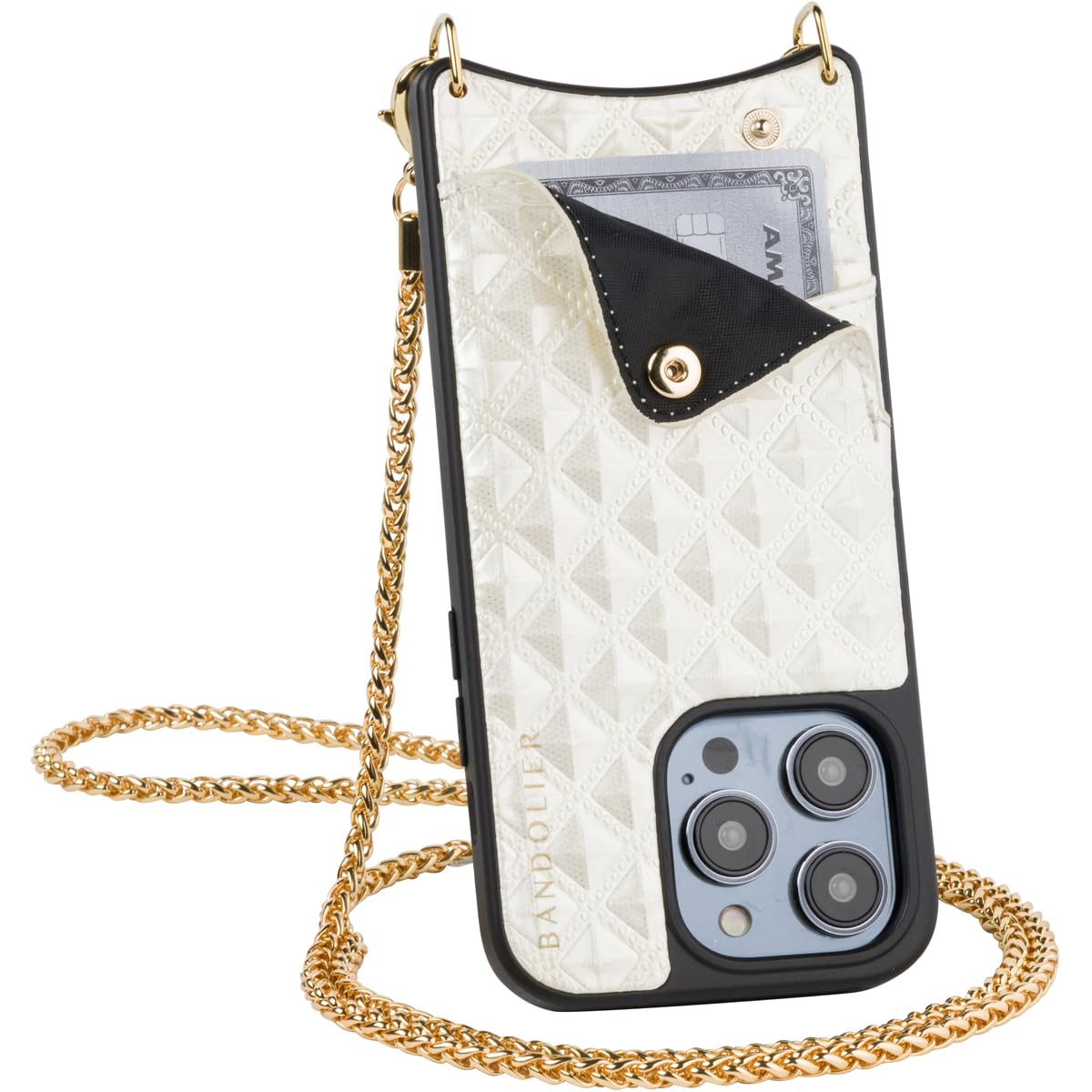 Bandolier Sheila Crossbody Phone Case and Wallet for iPhone 15 Pro Max - Pyramid Studded Vegan Leather with Pewter Snake Chain Strap