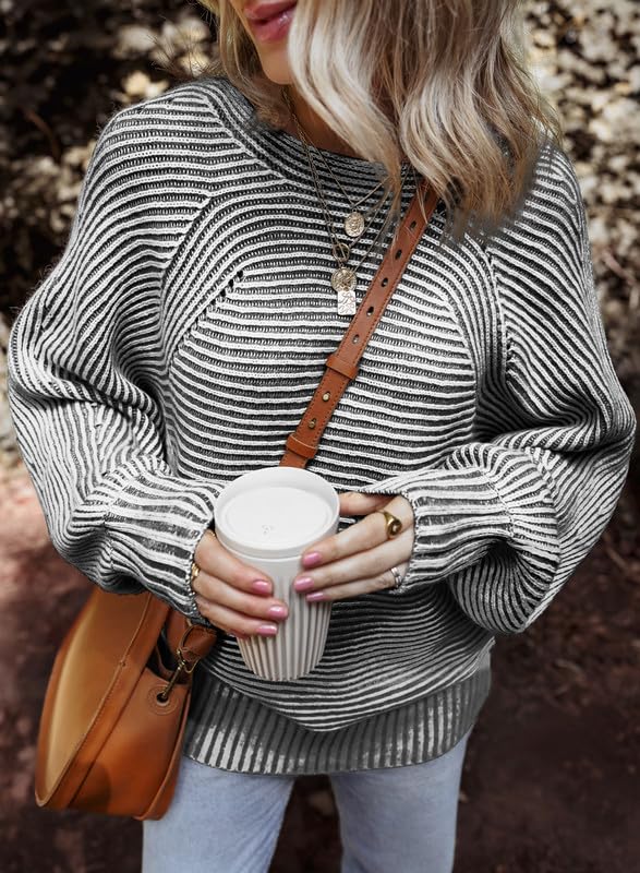 EVALESS Striped Sweaters for Women Boat Neck Batwing Sleeve Oversized Pullover Sweater Tops Womens Fall Clothes Outfits