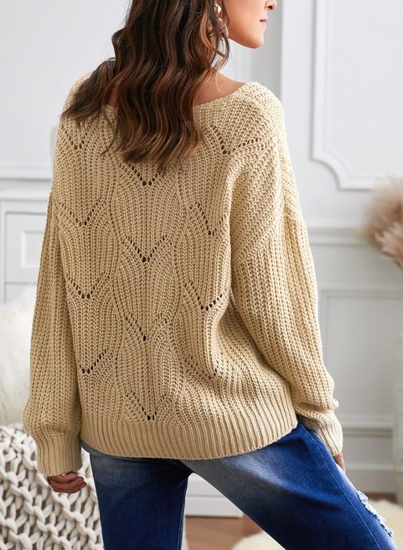 Dokotoo Womens Sweaters 2024 Cute Elegant Soft Crewneck Long Sleeve Hollow Cable Knit Pullover Tops