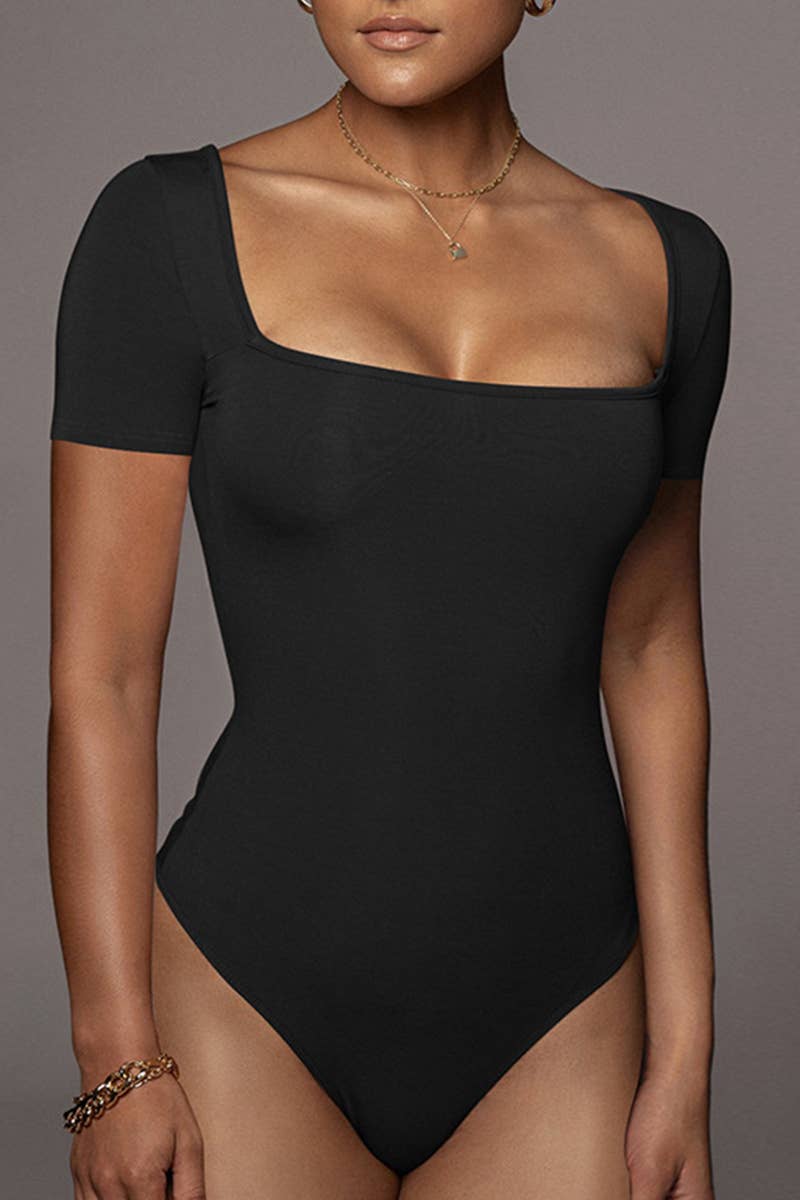 Lily Clothing - WOMEN SHORT SLEEVE SQUARE NECK BODYSUIT_CWSBS0045: BLACK / (S) 1