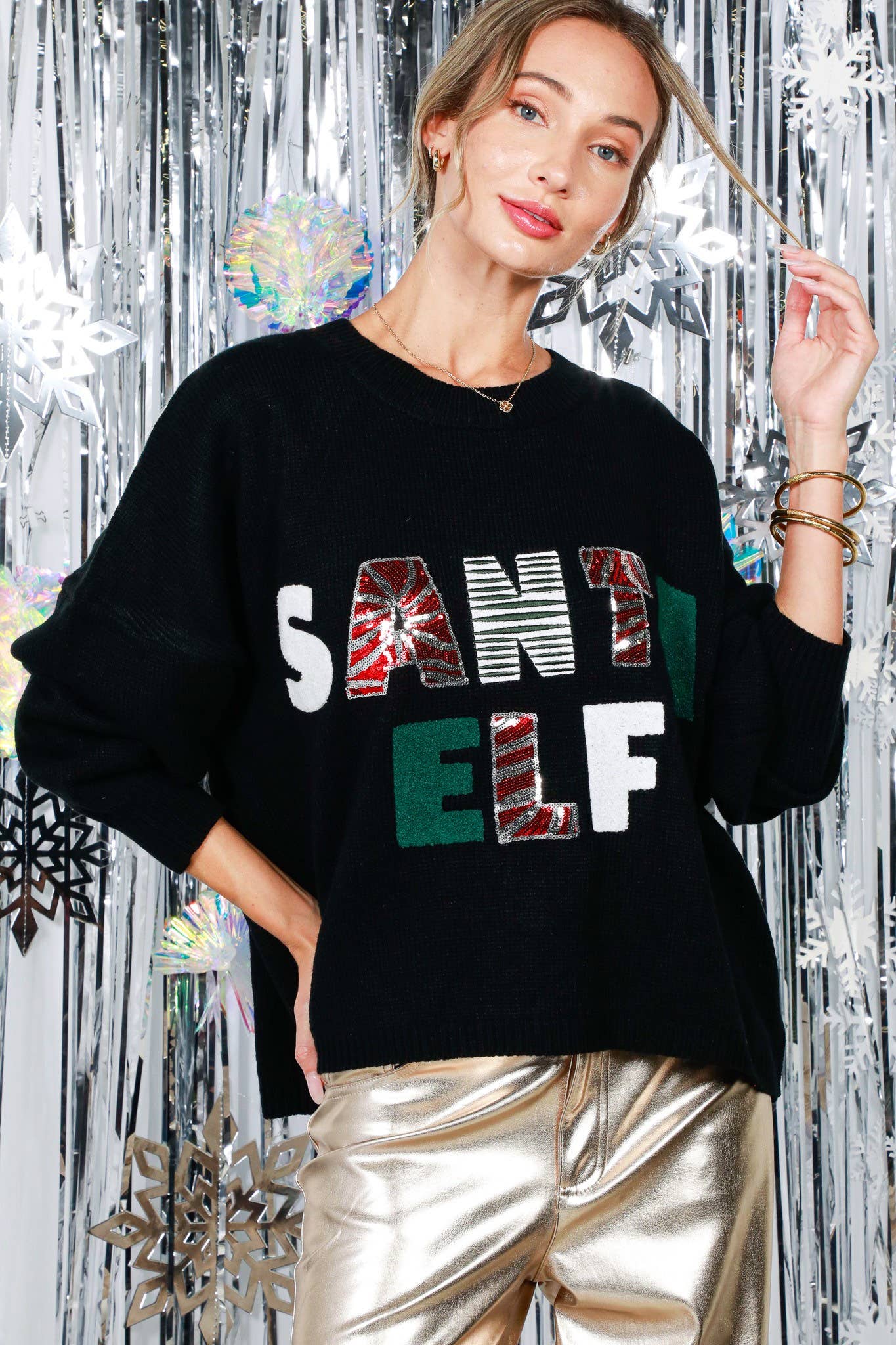 Vine & Love - SANTA ELF Sequin Embroidered Knitted Sweater Top VT82034-
