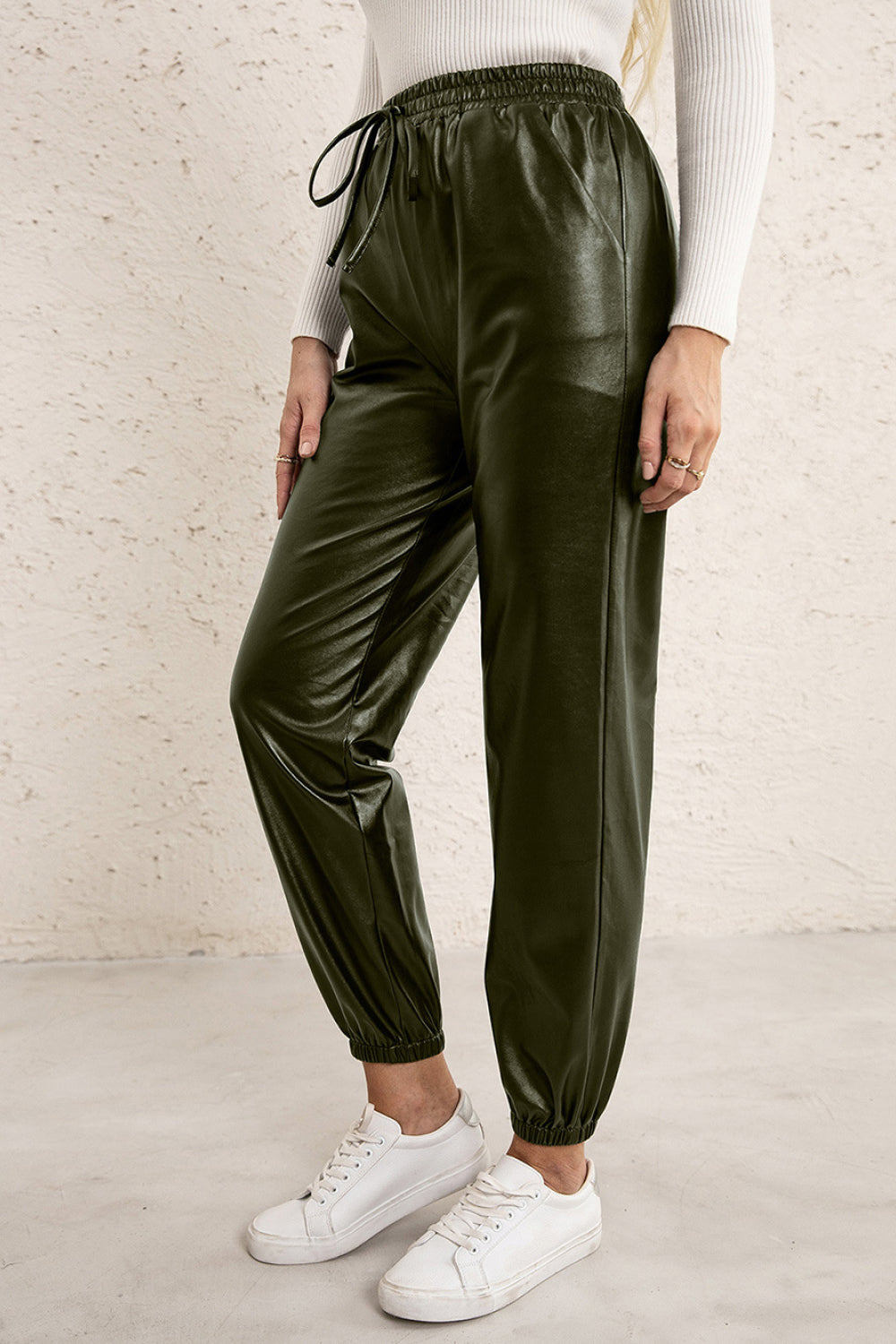 Ivy Lane Elastic Waist PU Leather Joggers