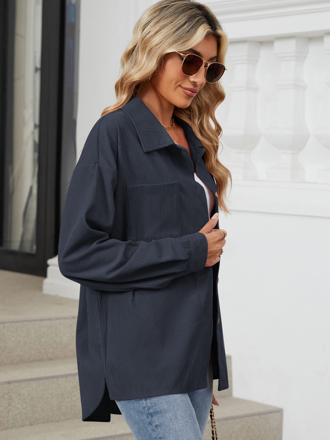 Button Up Dropped Shoulder Long Sleeve Outerwear