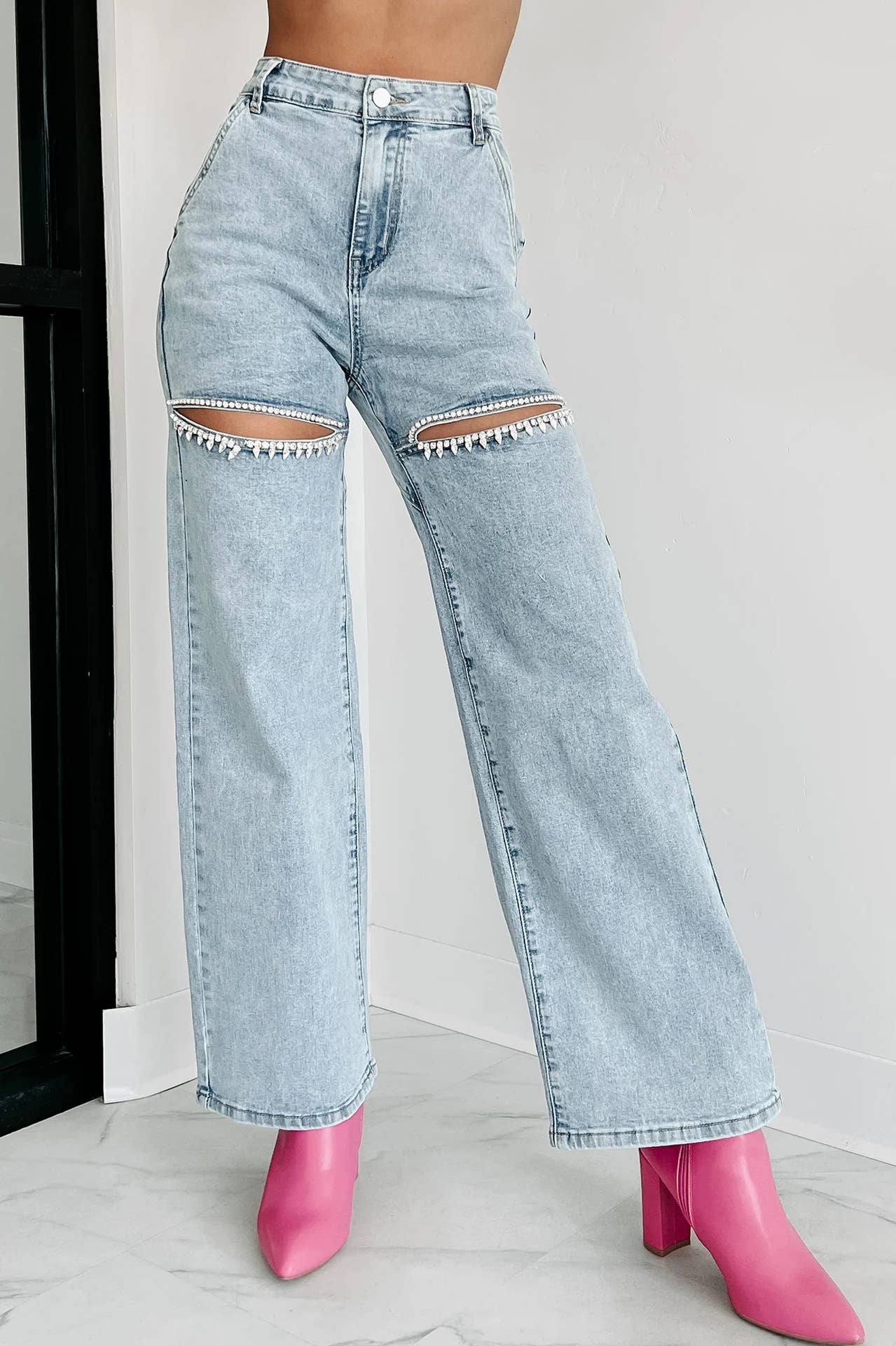 Rosa Clothing - Rhinestone cutout wide leg jeans: Light blue / S