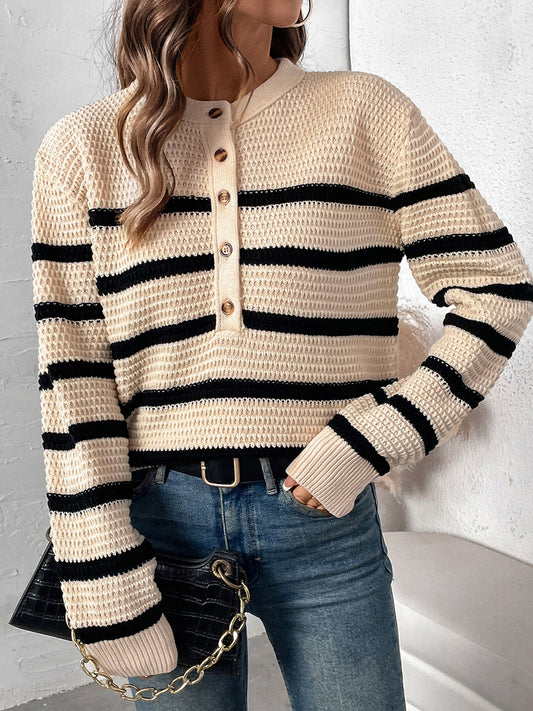 Perfee Striped Half Button Long Sleeve Sweater