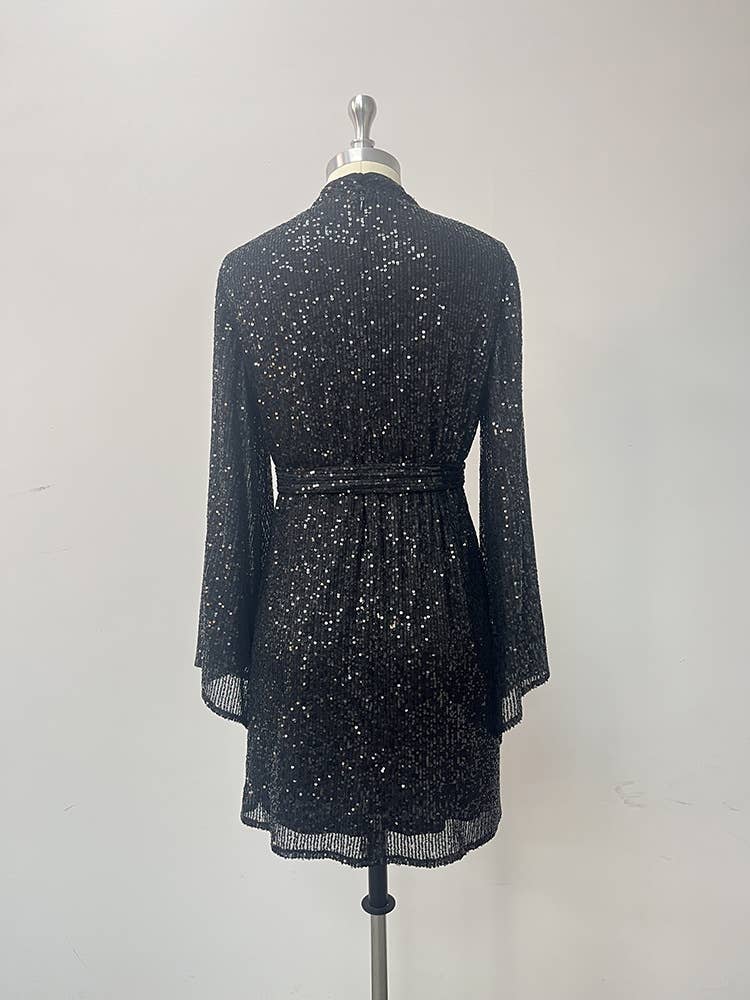 Rosa Clothing - Long sleeve party dress sequined cocktail dress: Black / L