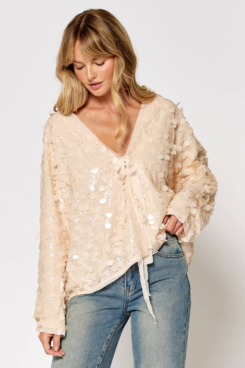 Lalavon - ILT5127 LONG SLEEVE SEQUIN TIE FRONT TOP