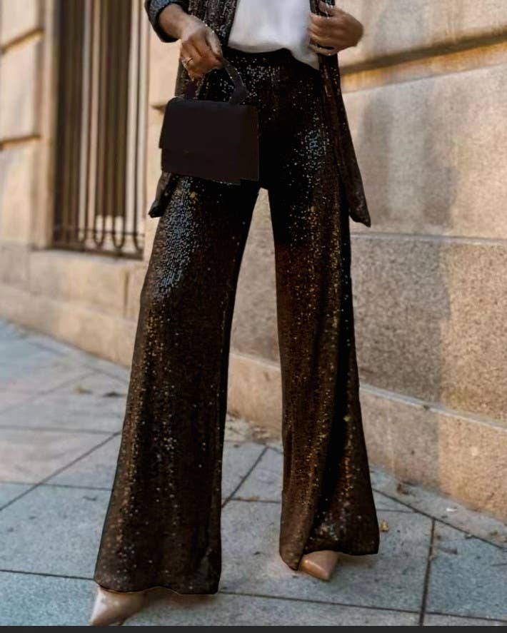 Rosa Clothing - Party Sequin Blazer Elastic Waist Pants Set: Black / S