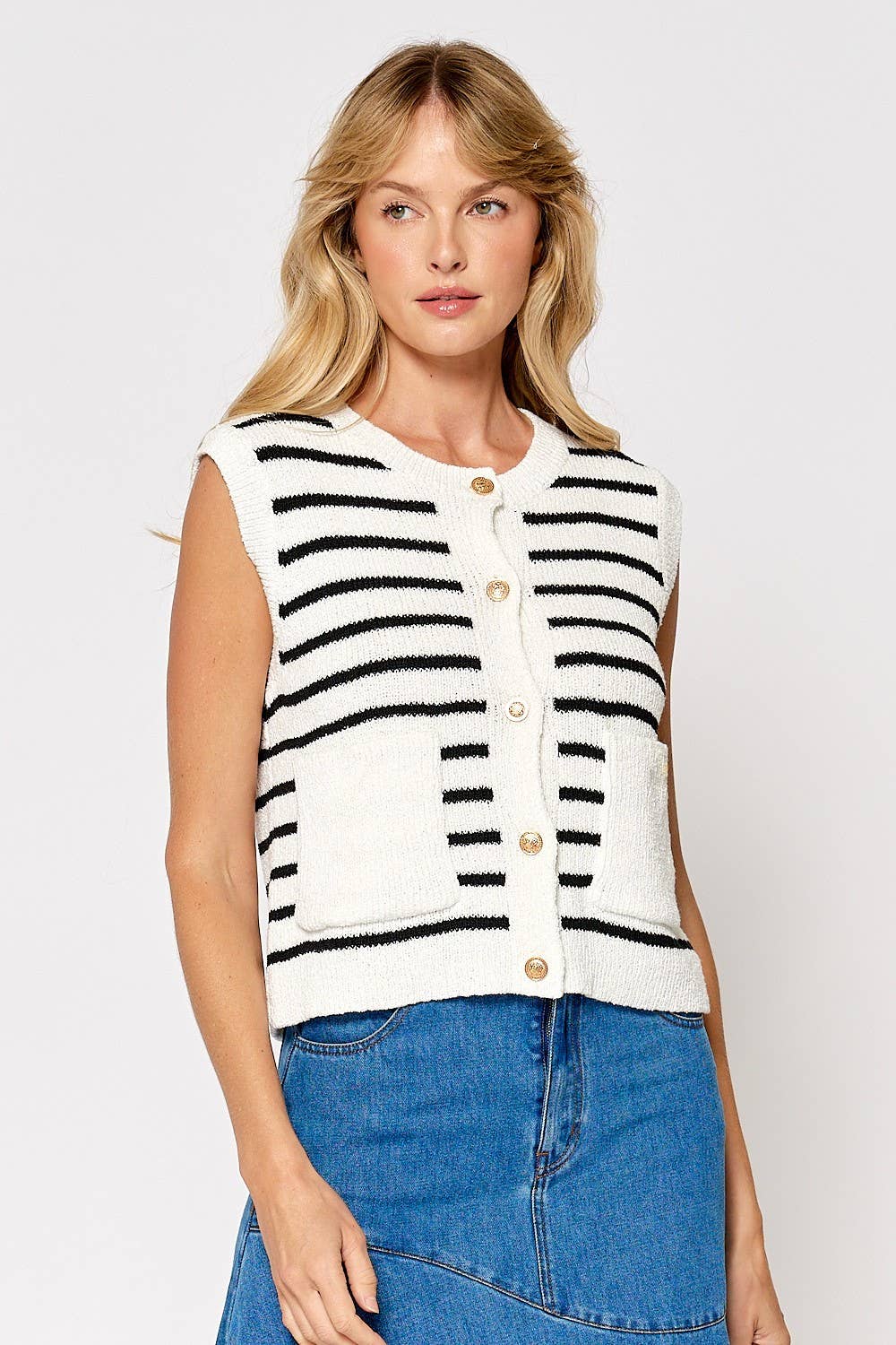 Lalavon - ILT5156 GOLD BUTTON STRIPED SWEATER VEST W/ POCKETS