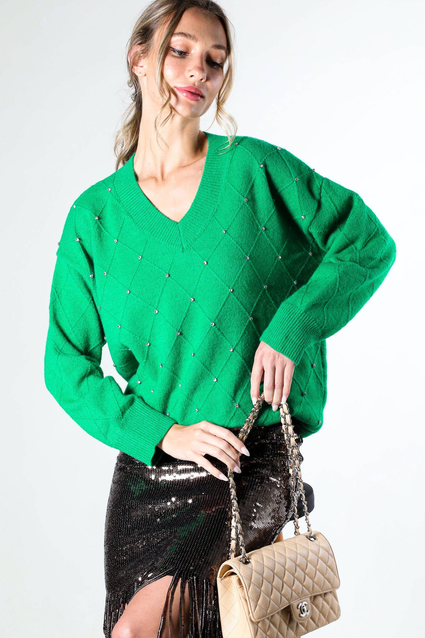 Vine & Love - V-Neck Rhinestone Trim Detail Knitted Sweater Top VT81546-1