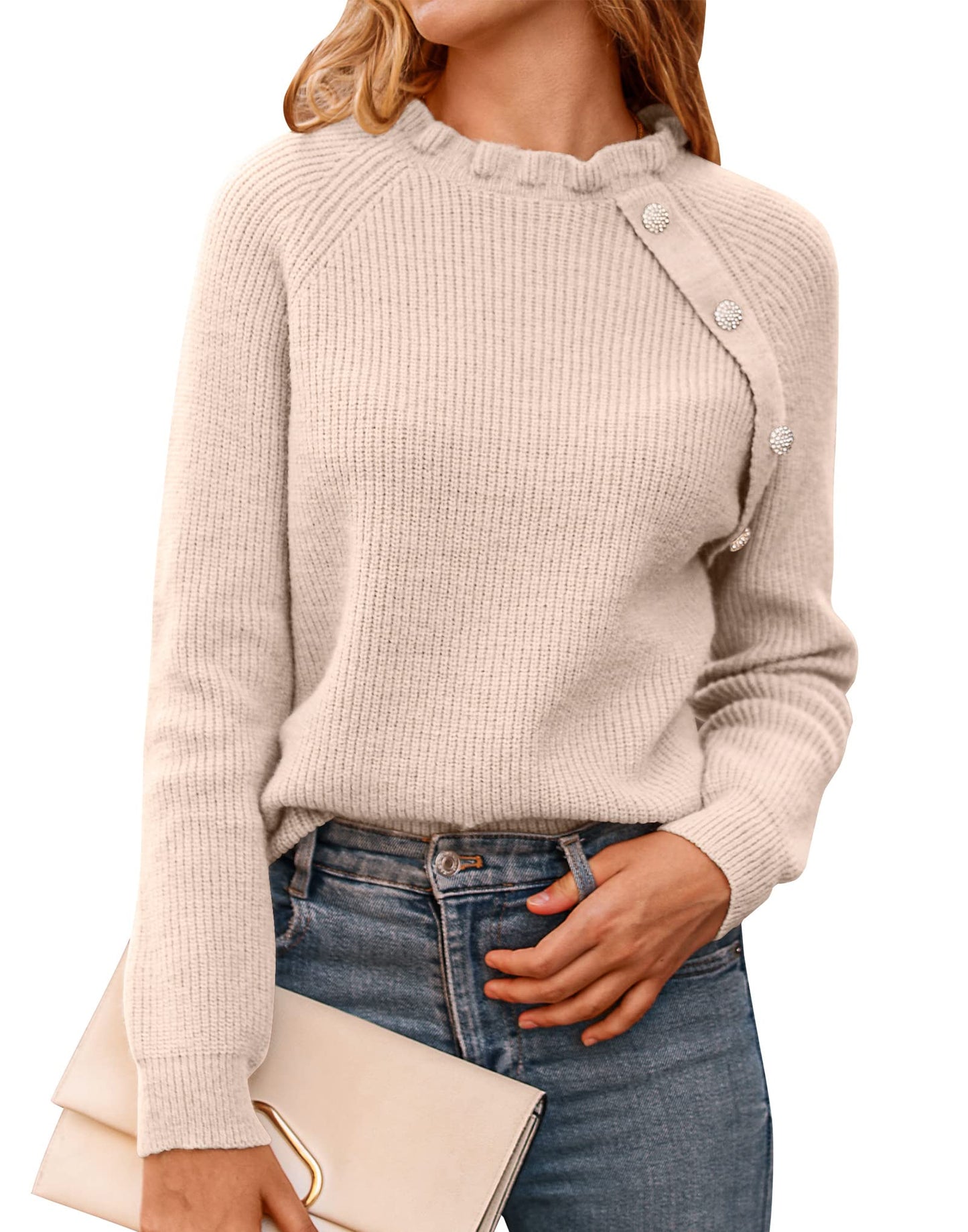 BTFBM 2024 Womens Sweaters Fall Winter Outfits Long Sleeve Button Down Ruffle Crew Neck Casual Knitted Pullover Tops