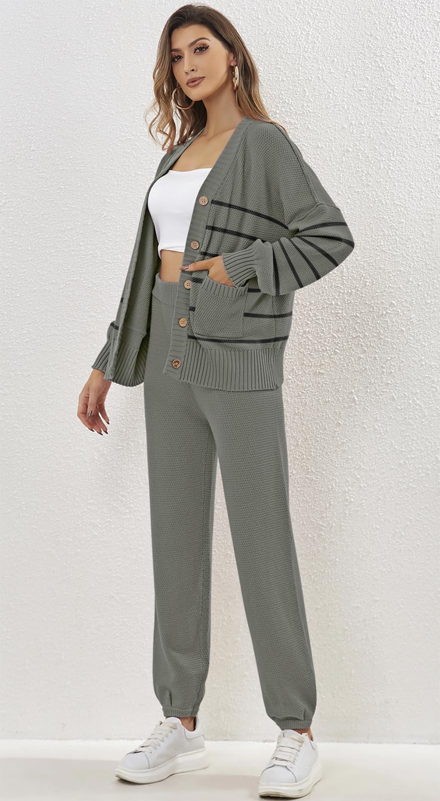 ETCYY NEW Women's 2 Piece Outfit Lounge Set Trendy Cardigan Sweater Pants Sets V Neck Button Pocket Knit Matching Loungewear