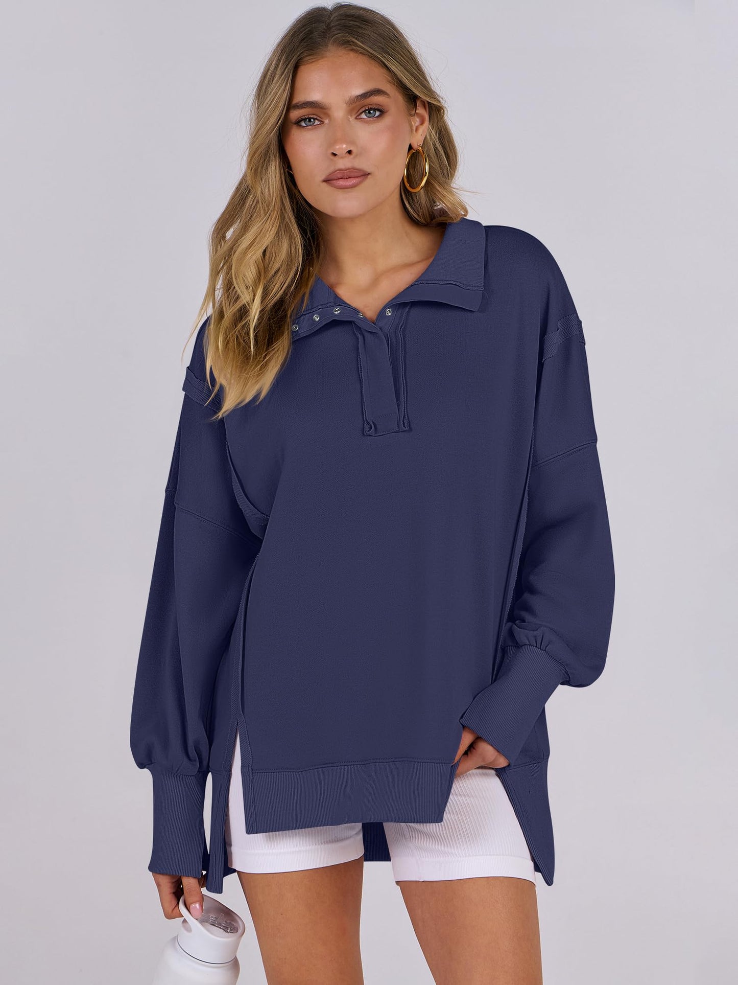 ANRABESS Women's Sweatshirts Oversized Casual Loose Button Up Henley Pullover Top High Low Split 2024 Fall Fashion Outfits