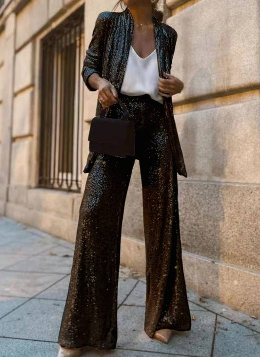 Rosa Clothing - Party Sequin Blazer Elastic Waist Pants Set: Black / S