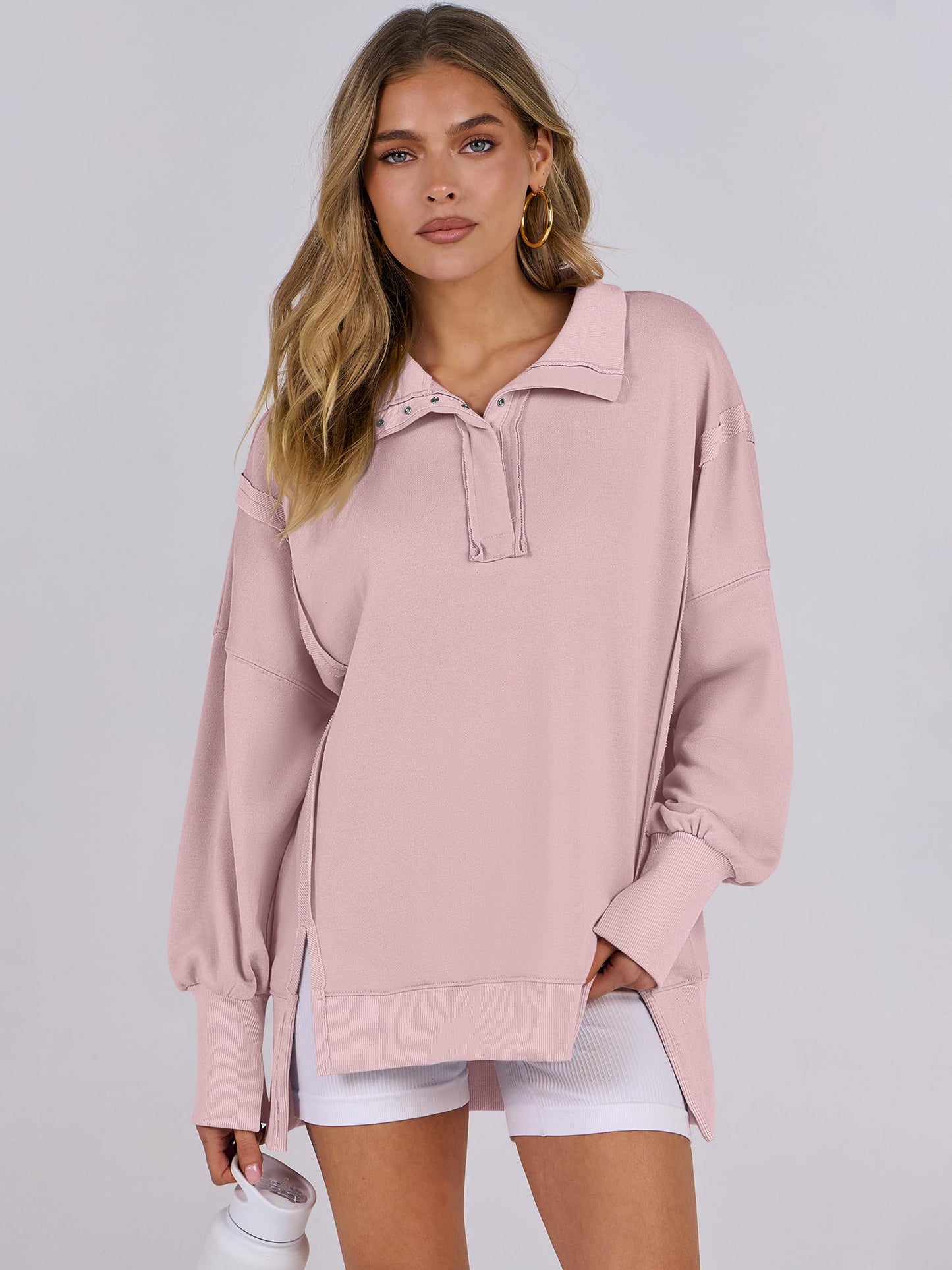 ANRABESS Women's Sweatshirts Oversized Casual Loose Button Up Henley Pullover Top High Low Split 2024 Fall Fashion Outfits