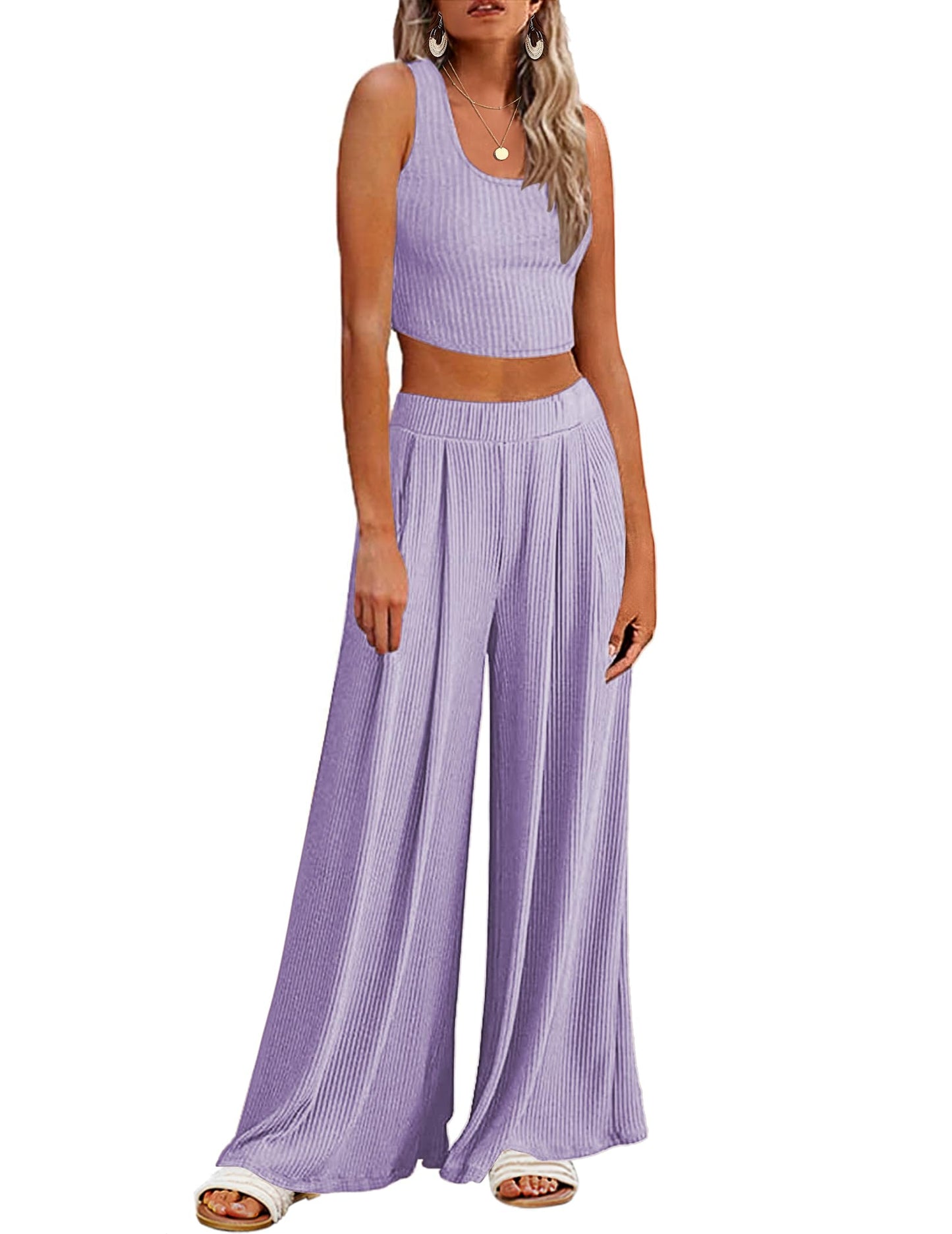 Ekouaer Women's Pajamas 2 Piece Lounge Set Ribbed Knit Loungewear Sleeveless Tank Top Wide Leg Pants