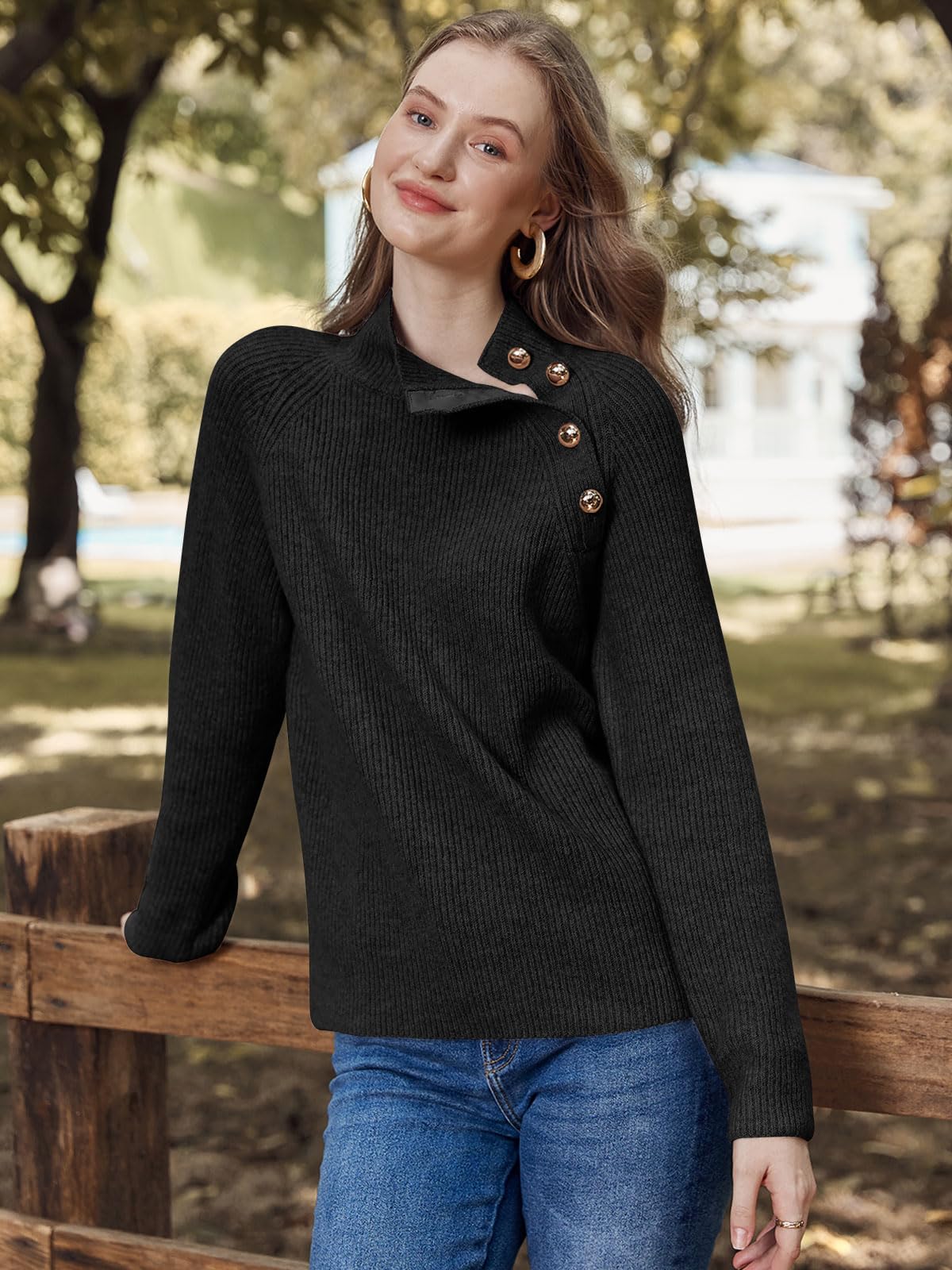 Women's Long Sleeve Ribbed Knit Sweater 2024 Fall Winter Casual Turtleneck Pullover Tops with Metal Buttons