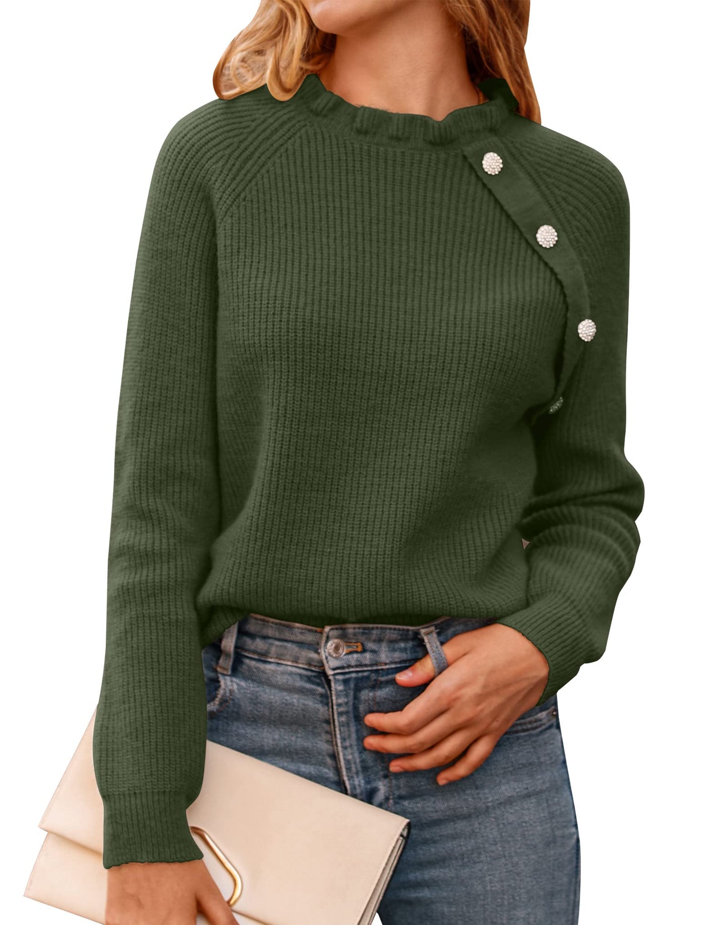 BTFBM 2024 Womens Sweaters Fall Winter Outfits Long Sleeve Button Down Ruffle Crew Neck Casual Knitted Pullover Tops