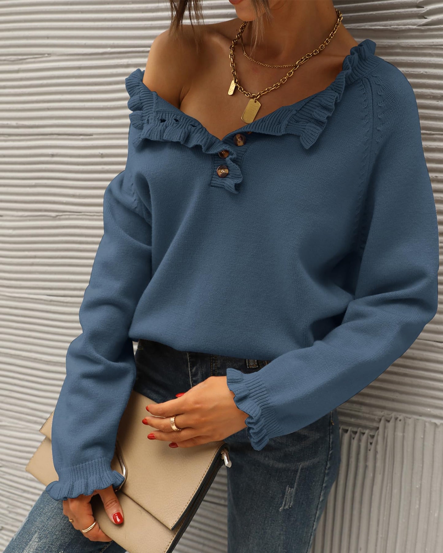 BTFBM 2024 Womens Sweaters Fall Winter Outfits Long Sleeve Button Down Ruffle Crew Neck Casual Knitted Pullover Tops