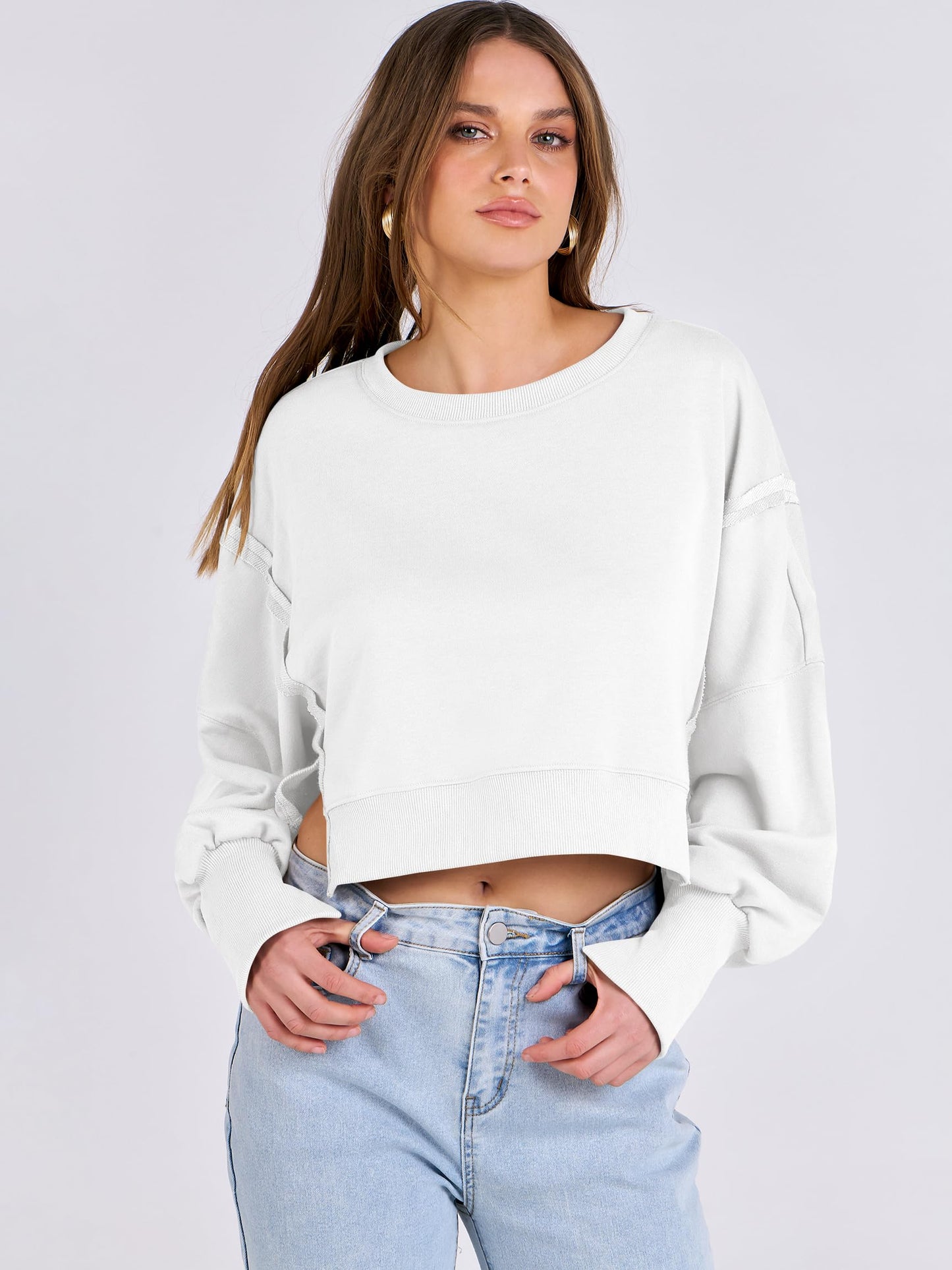 ANRABESS Womens Cropped Oversized Sweatshirts Crewneck Long Sleeve Pullover 2024 Fall Teen Girls Y2K Fashion Crop Tops