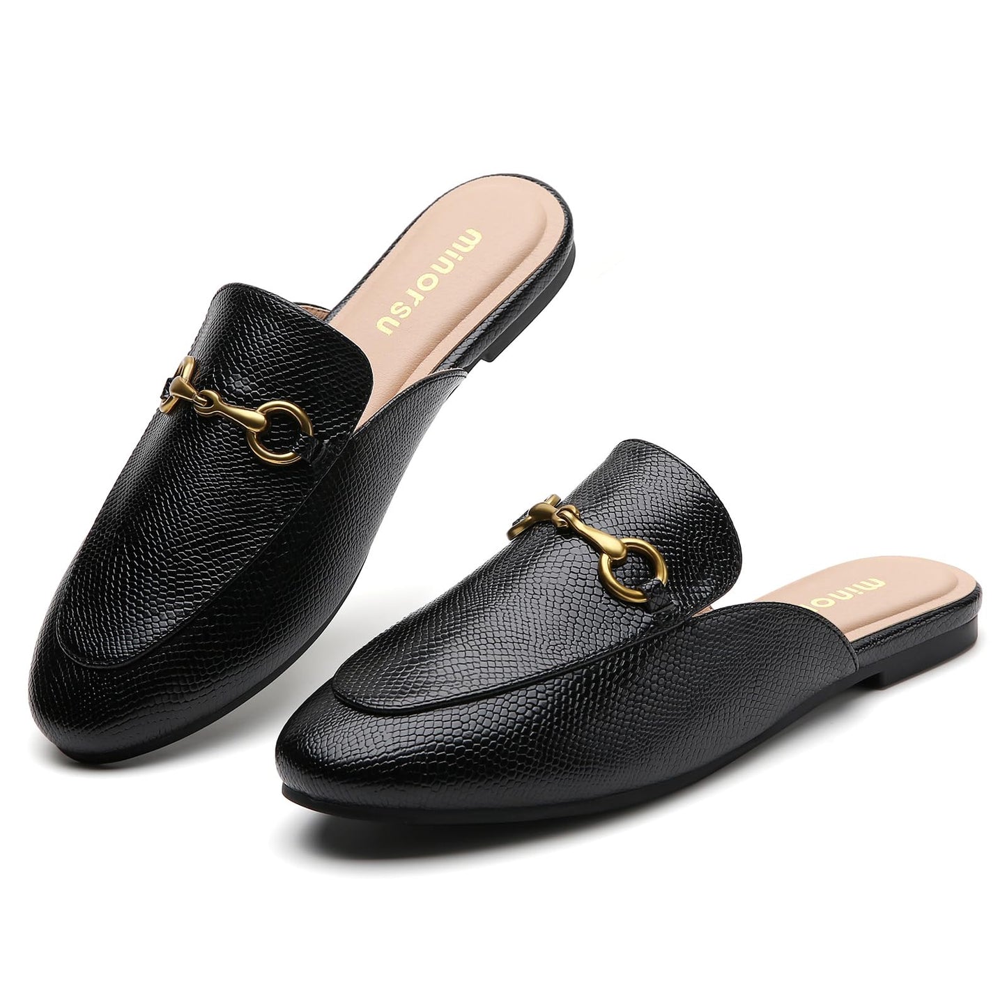 Minorsu Buckle Mules for Women Round Toe Backless Flat Mules Slides Mules Shoes Ladies Slip-on Loafers