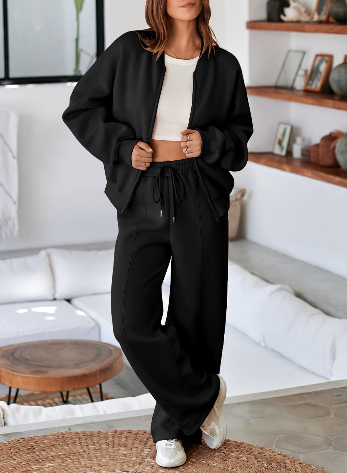 Aleumdr Women's 2 Piece Outfits Oversized Fleece Sweatsuit Zip Up Long Sleeve Sweatshirt with Wide Leg Sweatpants