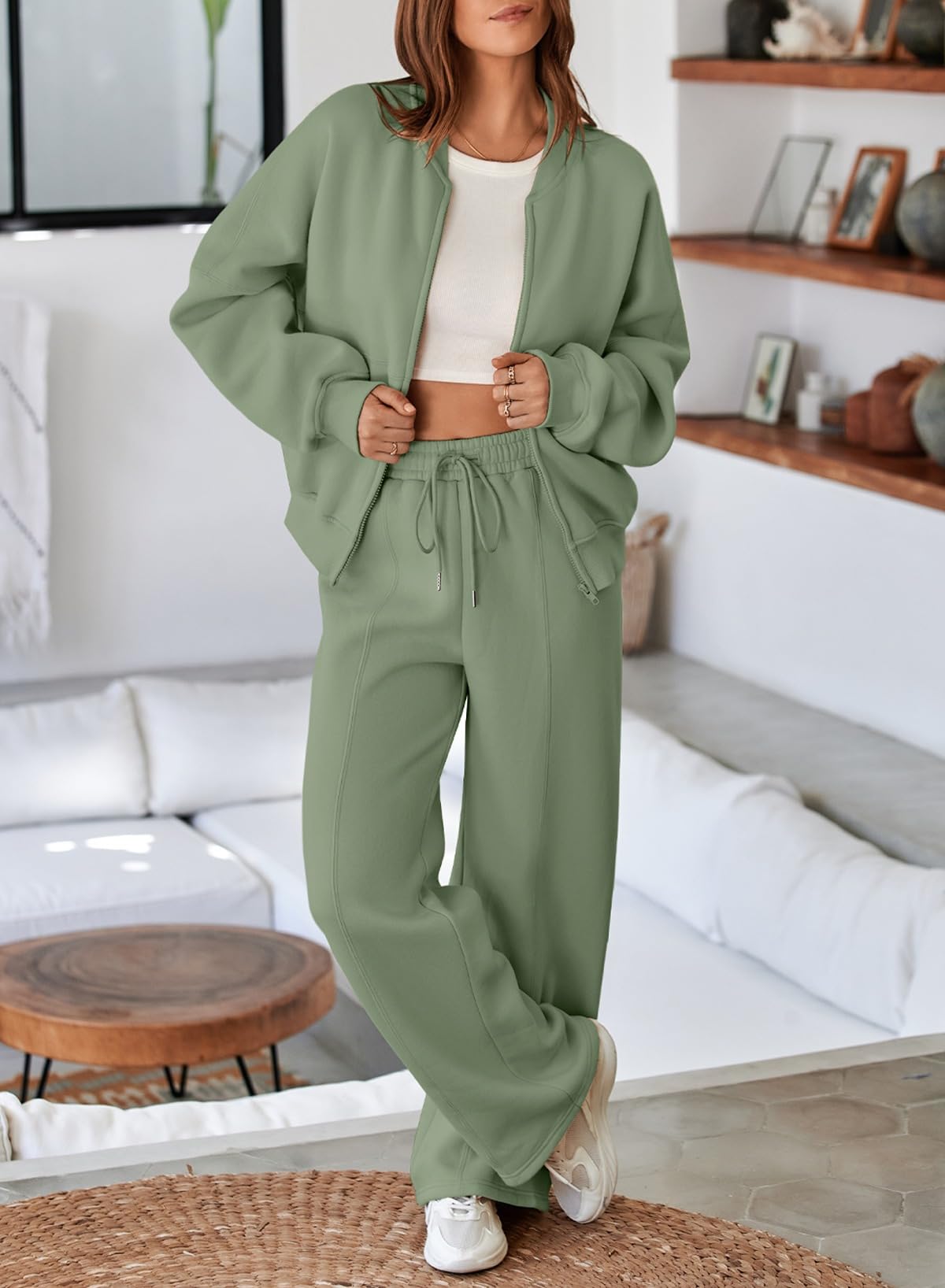 Aleumdr Women's 2 Piece Outfits Oversized Fleece Sweatsuit Zip Up Long Sleeve Sweatshirt with Wide Leg Sweatpants