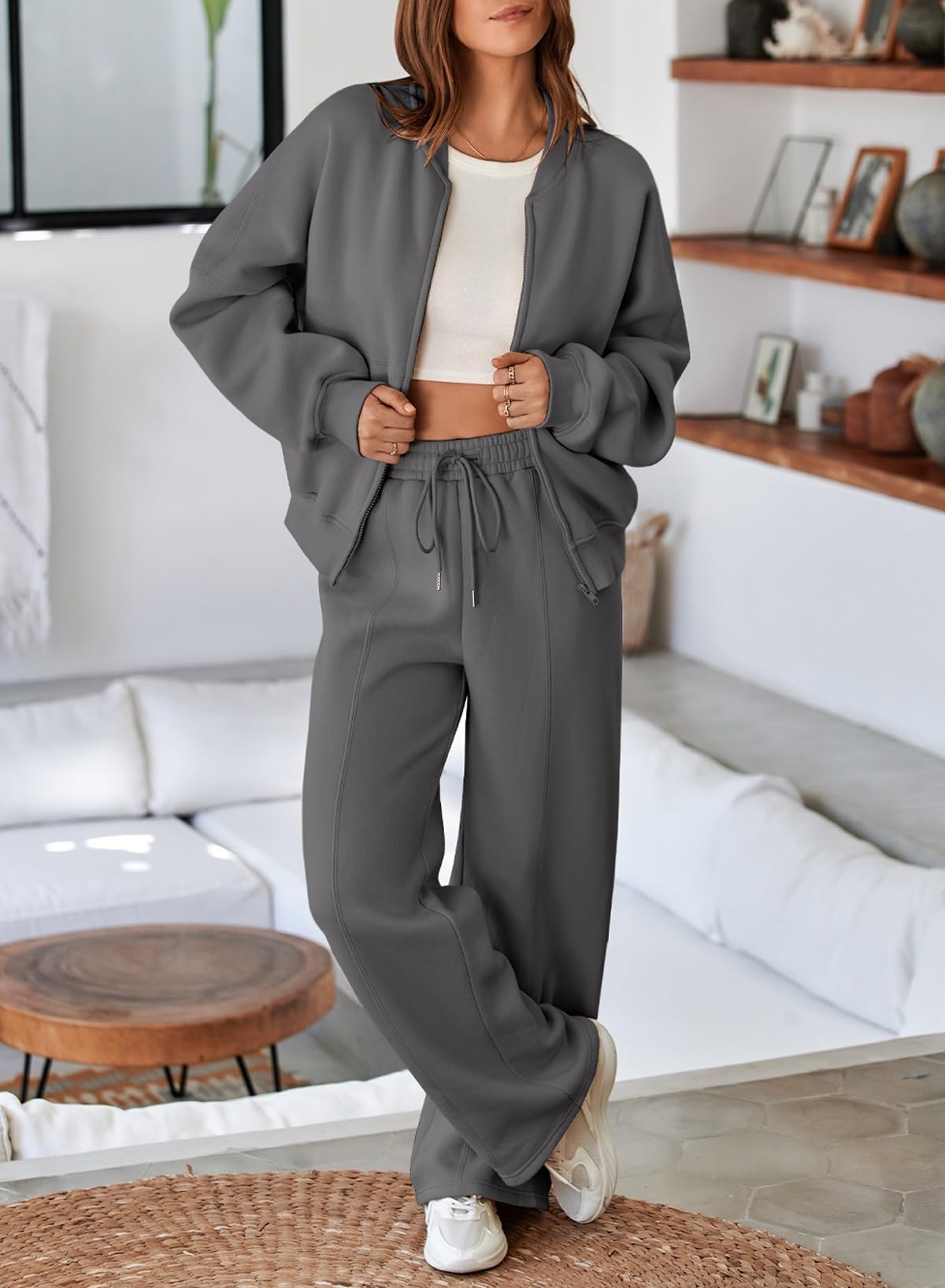 Aleumdr Women's 2 Piece Outfits Oversized Fleece Sweatsuit Zip Up Long Sleeve Sweatshirt with Wide Leg Sweatpants