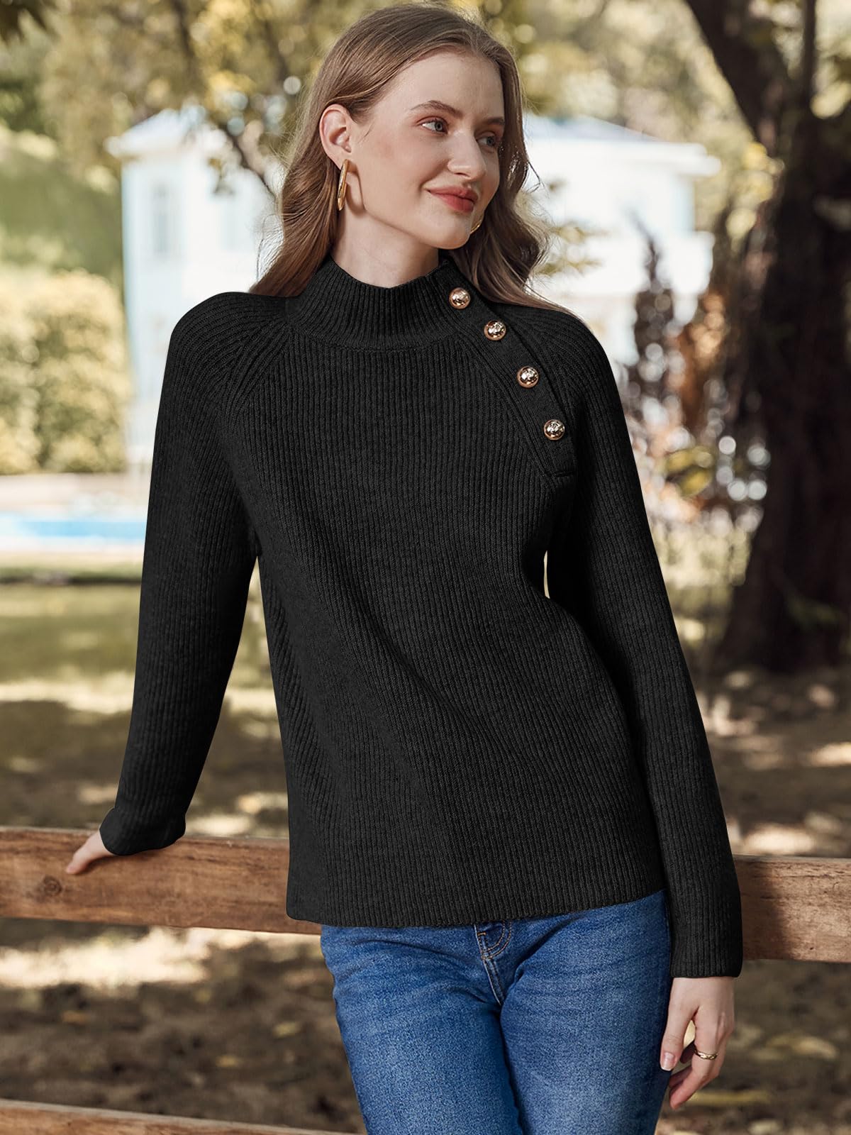 Women's Long Sleeve Ribbed Knit Sweater 2024 Fall Winter Casual Turtleneck Pullover Tops with Metal Buttons