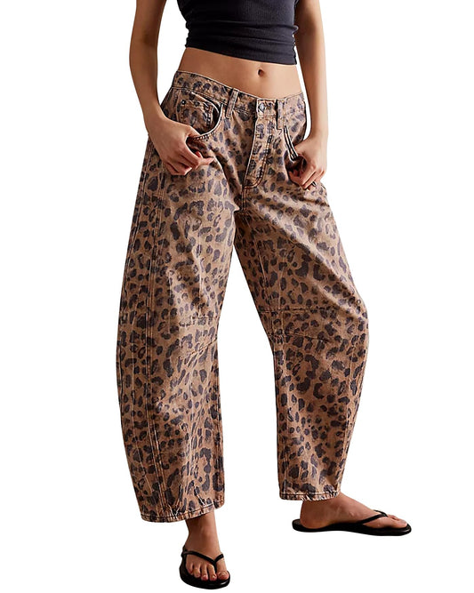 Kedera Women's Baggy Barrel Jeans Casual Boyfriend Mid Rise Leopard Printed Wide Leg Denim Ankle Pants