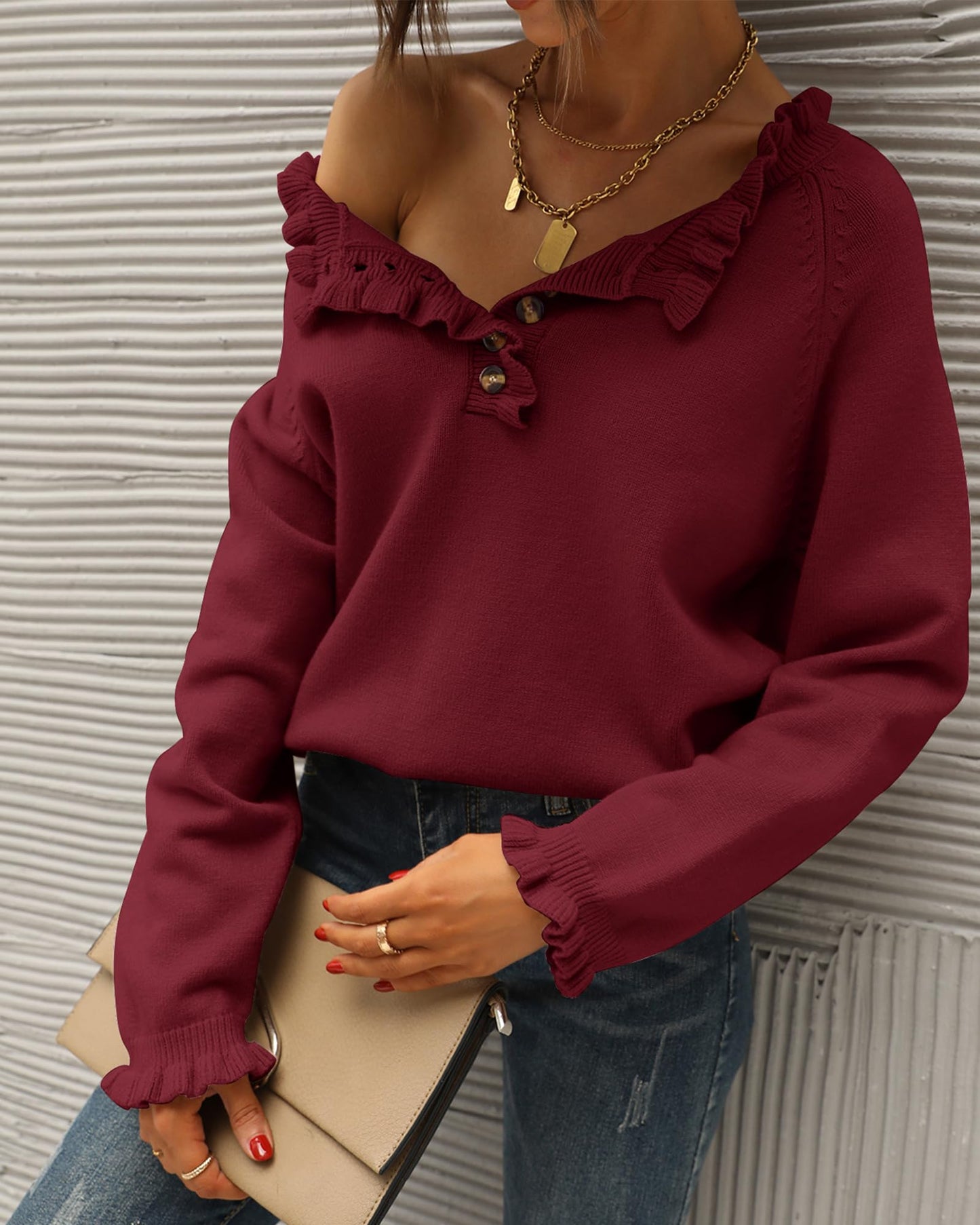 BTFBM 2024 Womens Sweaters Fall Winter Outfits Long Sleeve Button Down Ruffle Crew Neck Casual Knitted Pullover Tops