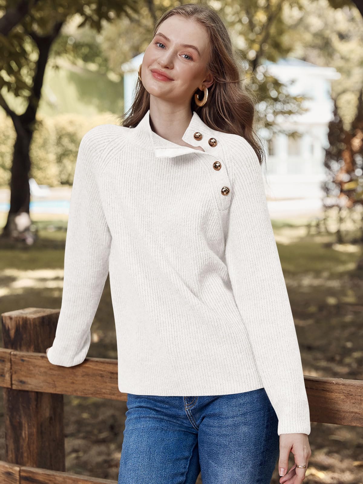 Women's Long Sleeve Ribbed Knit Sweater 2024 Fall Winter Casual Turtleneck Pullover Tops with Metal Buttons